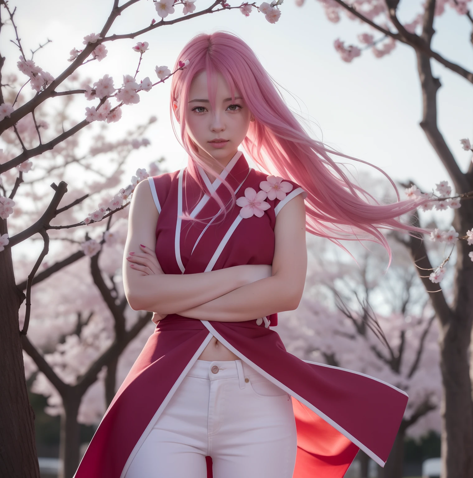Sakura uchiha. A woman was standing with her arms folded across her chest. At a cherry blossom garden. He wore a red kimono with a white sleeveless line in it. Combined with white Levis pants. His skin is so white. She's wearing a silver bracelet. The long, pink hair was not pulled up by the wind. Her cheeks were rosy. She's so pretty and realistic