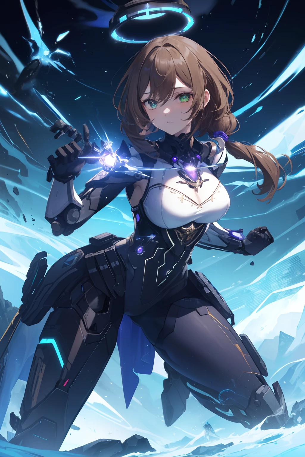 light particles, halo, (bioluminescent:0.95), bioluminescent, piercing glare, vibrant, (((colourful))), color, (glowing, glow), reflection light, depth of field, from behind, multiple views, delicated best quality, (((masterpiece))), ((best quality)), ((ultra-detailed)), (CG illustration), (an extremely devious and beautiful)), cinematic light, ((1 mechanical girl)), (brown hair), (Hair tied low to one side), (green eyes), (glowing eye), (great sword in hand), single, full, mechanical halo,star halo,intricate mechanical bodysuit, mecha corset, (full armor:white and purple), (machine-made joints: 1.4), ((mechanical limbs)), ( blood vessels attached to the tube), ((mechanical spine attached to the back)), ((mechanical cervical vertebrae attached to the neck), ((combat stance)), expressionless, (wires and cables attached to the head and body: 1.5), (character focus), science fiction, apocalypse, glow, (full shoot body:1.1)