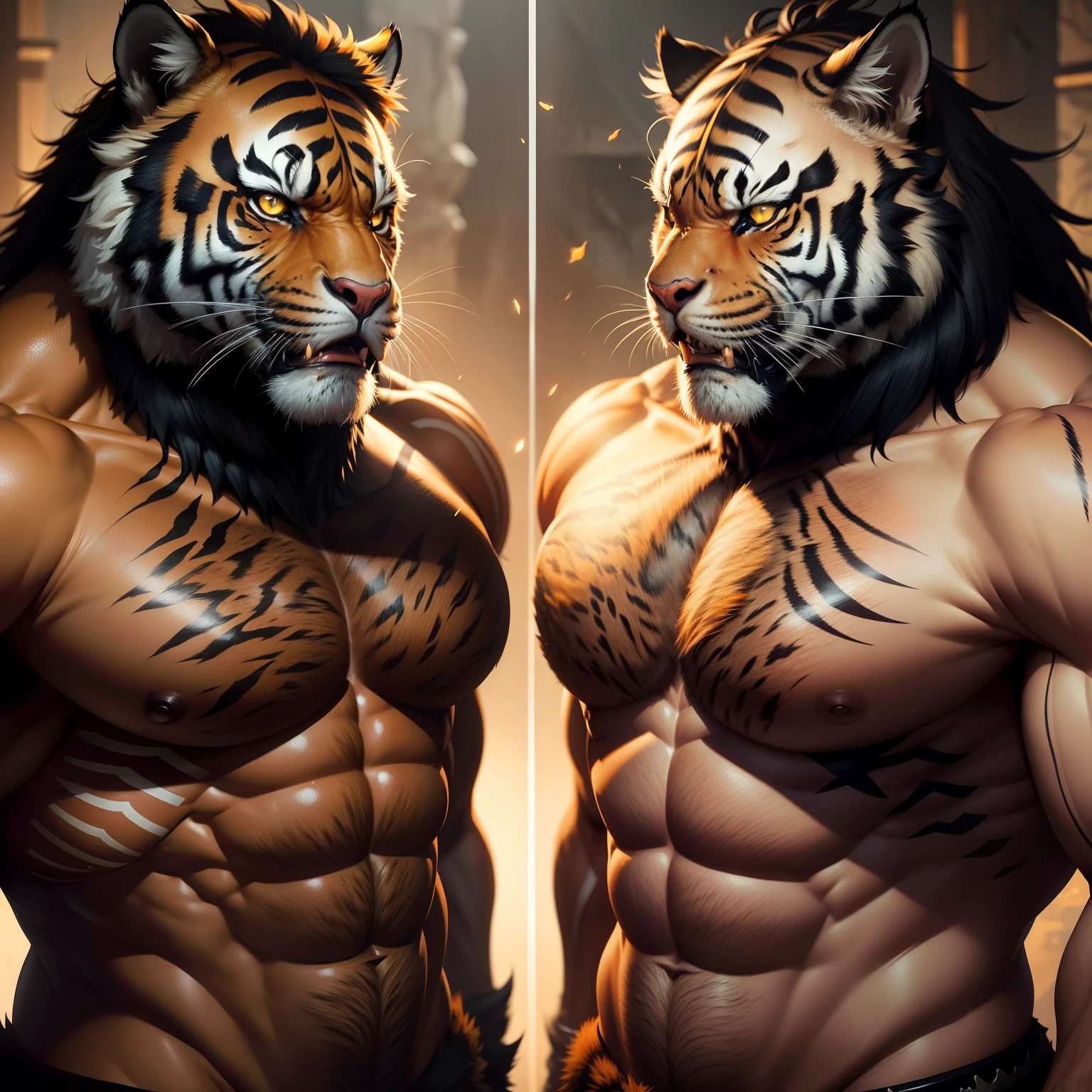 Tiger Orcs,Vivid and realistic,sense of strength,finetextures,muscline,Realistic fur,Fierce gaze,Wild breath,Dynamic posture。