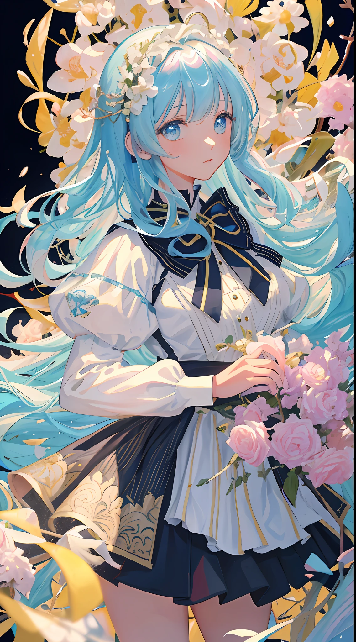 (masterpiece), (best quality), (ultra detailed),(disheveled hair),(illustration), (1girl), (Fashionable clothing), standing, Fashion model, looking at viewer, (interview), (simple background),beautiful detailed eyes, delicate beautiful face, Floating,(high saturation),(colorful splashes),colorful bubble,(shining), focus on face,  kamisato ayaka, light blue hair, bangs, hair ring, floating flowers, floating hairs.Girl, anime waifu, looking at viewer, highlydetailed, reflections transparent iridescent colors, long transparent iridescent RGB hair, artby Serafleur from artstation, thick acrylic，illustration on pixiv, waist up portrait, gorgeoussacred girl, best quality, ultra detailed,sad,clever,beautiful face , beautiful lighton black background, Character stvle renderedby Octane,