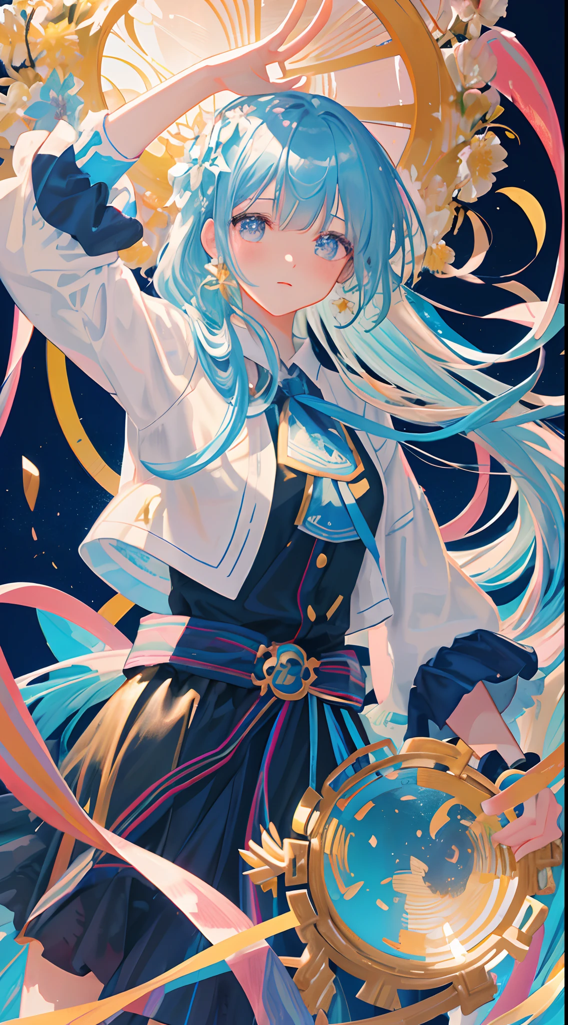 (masterpiece), (best quality), (ultra detailed),(disheveled hair),(illustration), (1girl), (Fashionable clothing), standing, Fashion model, looking at viewer, (interview), (simple background),beautiful detailed eyes, delicate beautiful face, Floating,(high saturation),(colorful splashes),colorful bubble,(shining), focus on face,  kamisato ayaka, light blue hair, bangs, hair ring, floating flowers, floating hairs.Girl, anime waifu, looking at viewer, highlydetailed, reflections transparent iridescent colors, long transparent iridescent RGB hair, artby Serafleur from artstation, thick acrylic，illustration on pixiv, waist up portrait, gorgeoussacred girl, best quality, ultra detailed,sad,clever,beautiful face , beautiful lighton black background, Character stvle renderedby Octane,