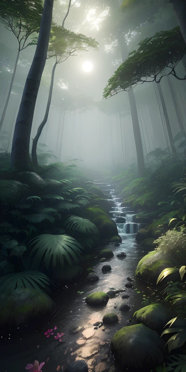tmasterpiece,Best quality at best,(非常详细的 CG 统一 8k 壁纸),(Best quality at best),(The best illustrations),(The best shadow),Natural elements in the forest theme,Mysterious Forest,Beautiful forest,Clear creek,Stars of moonlight shine through the leaves,Dreamy and mysterious,great outdoors,Surrounded by flowers,Delicate leaves and branches are surrounded by fireflies(nature elements),(Jungle theme),(Foliage),(tree branch),(glowworm),(Particle effect)and other 3D, Octane rendering,Ray traching,Super meticulous --v6