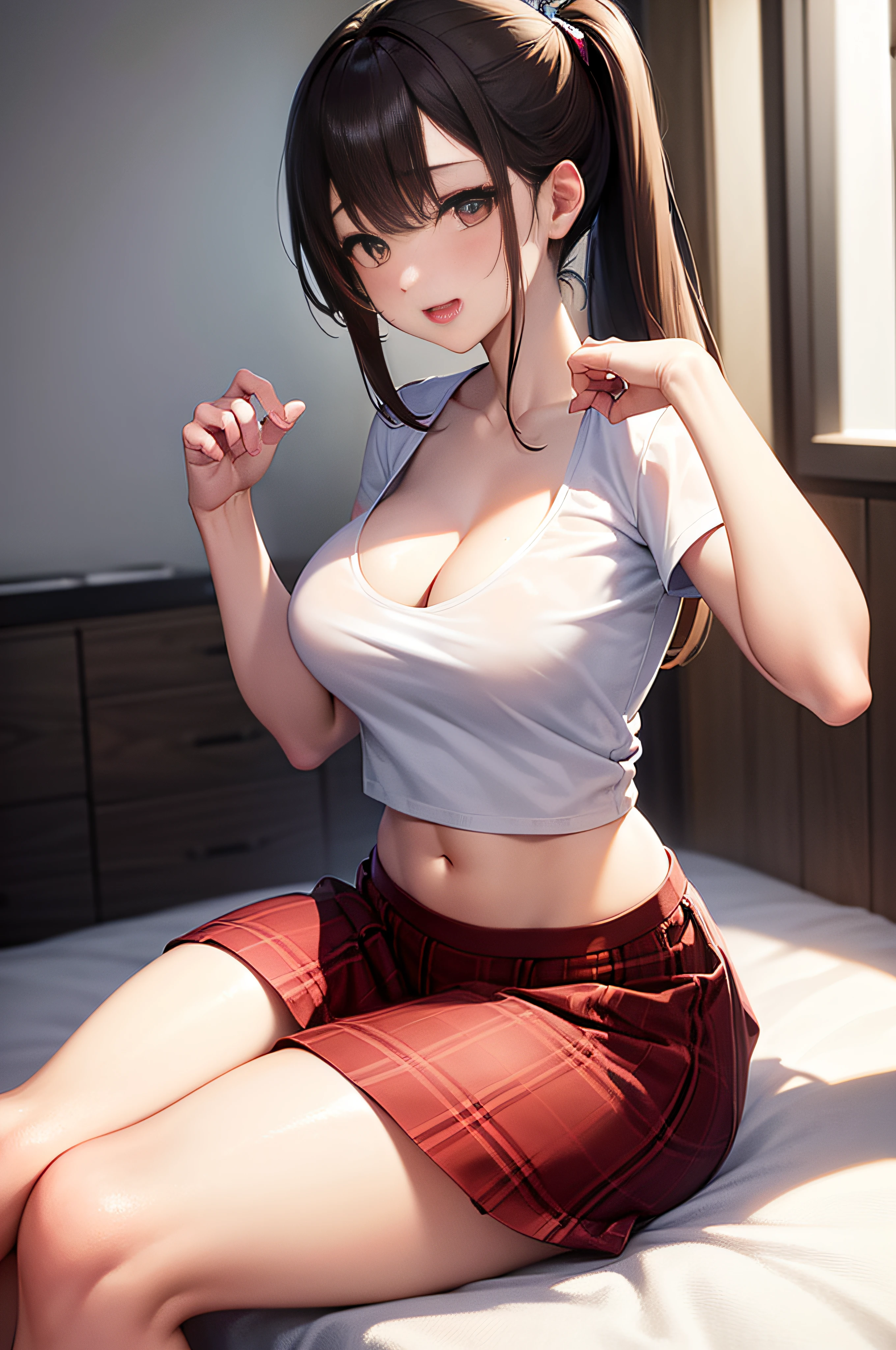Circular image, (Masterpiece: 1.3), (Best Quality: 1.2), (Masterpiece), High Quality, High Definition, (1 persons: 1.4), (Round image)), (Fisheye)), [(White background: 1.1): 5], [(Upper body, upper eyes: 1): 5], 20-year-old girl, cute, [(Pastel T-shirt: 1.2): 5] {{{1 persons}}}}, (((Good Anatomy: 1.2)), (( brown)) bangs, ponytail (brown and (white)), watch the viewer, ((t-shirt, red plaid hirahira skirt: 2)), (just cute)), perfect body, perfect number of legs, perfect fingers {{{5 fingers only }, ((composition from above)), girl sitting on a hotel bed, she is beautiful, pretty, cute, thin eyebrows, beautiful eyes, lip gloss, (cleavage), beautiful skin, transparent clothes, sweating on the skin, (red cheeks, mischievous smile: 1.2), (open mouth), telling secrets, hiding secrets, shy, excited. She wears a navy blue T-shirt, (white underwear), two layers. Shirt lift,. (((She lifts her shirt and shows off her white underwear underneath))). Round window, camera focused on her face, face light, very large aperture, ((f / 1.2)), shallow depth of field, strong background lens blur, ISO 3000, automatic white balance, highly detailed professional lighting, pink soft light, raw photos, top quality, masterpieces, award-winning photos, huge file size, 8K, high resolution, shot with Sony DSLR.