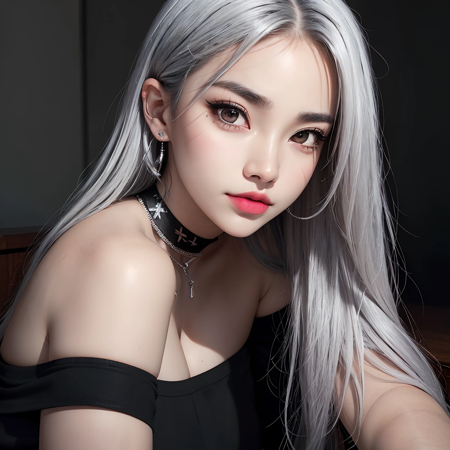 a RAW Photo of girl, (masterpiece:1.1), best quality, ultra high res, high detailed, (photorealistic:1.4), sharp, focus, face detail, (eyebrow piercing:1.1), detailed eyes, detailed face, 1girl, off-shoulder white shirt, black tight skirt, black choker, (faded ash gray hair:1.2), (huge breasts:1.1), looking at viewer, closeup