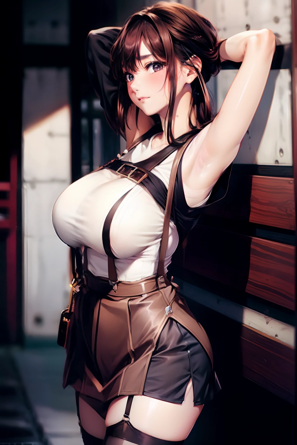 Big breasts suspenders garterbelts Black stockings Armpit sweat a miniskirt Brown hair Futomo Black tank top Hands behind the head walls Futomo Impatient