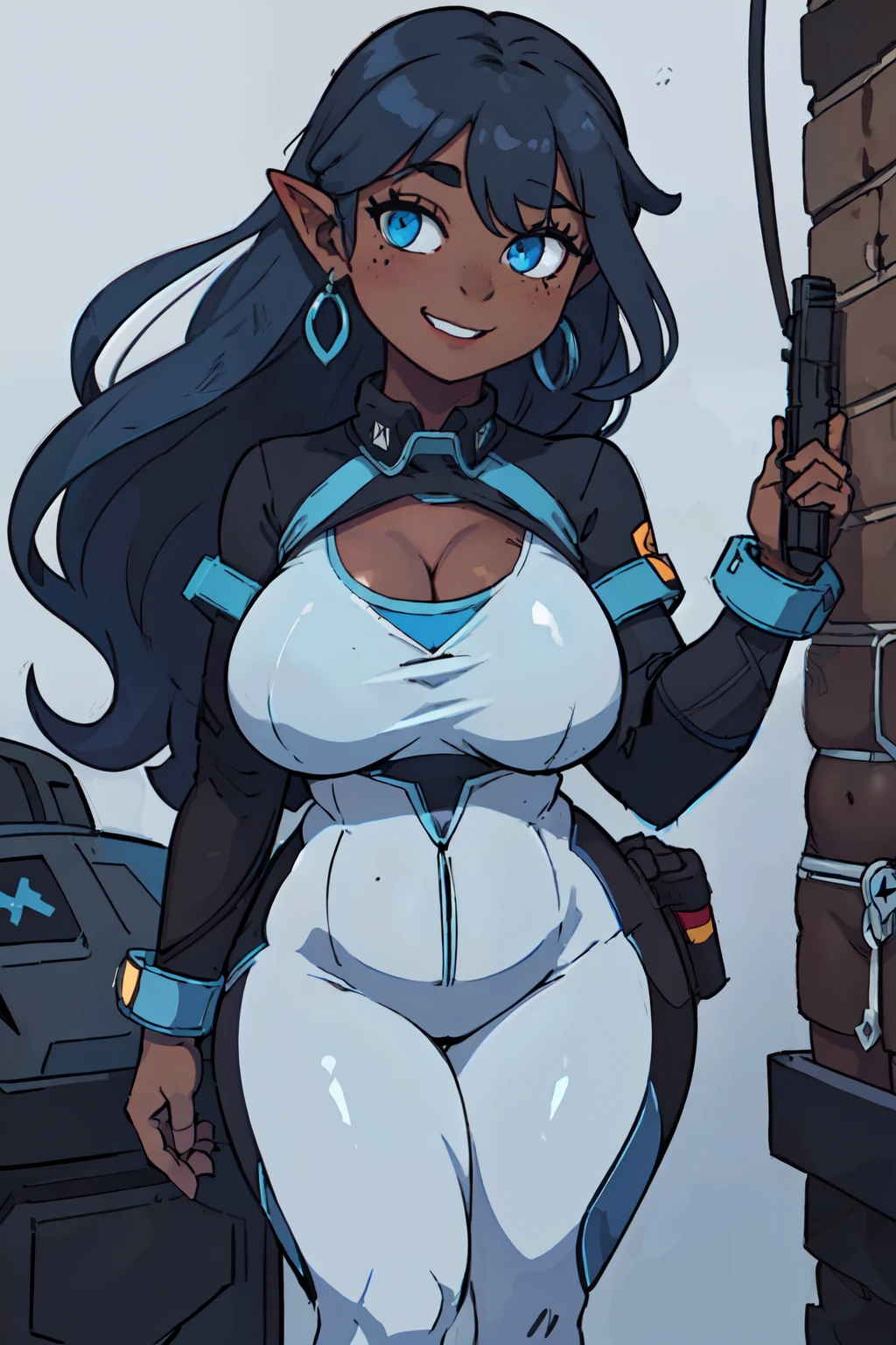 (1girl: 1.5), ((solo)), (dark skinned:1.8), goblin girl, blue_hair, very long hair, wide body, (small stature:1.6), (huge breast:1.6), hair between eyes, wide hips, blue eyes, mole, mole on chest, age up, lips, big lips, big noise, thick eyebrows, (chubby:1.6), smile, freckles, (batlle suit: 1.7), battlefield, latex, metal blue color, gun in a hand, (random poses: 1.8)
