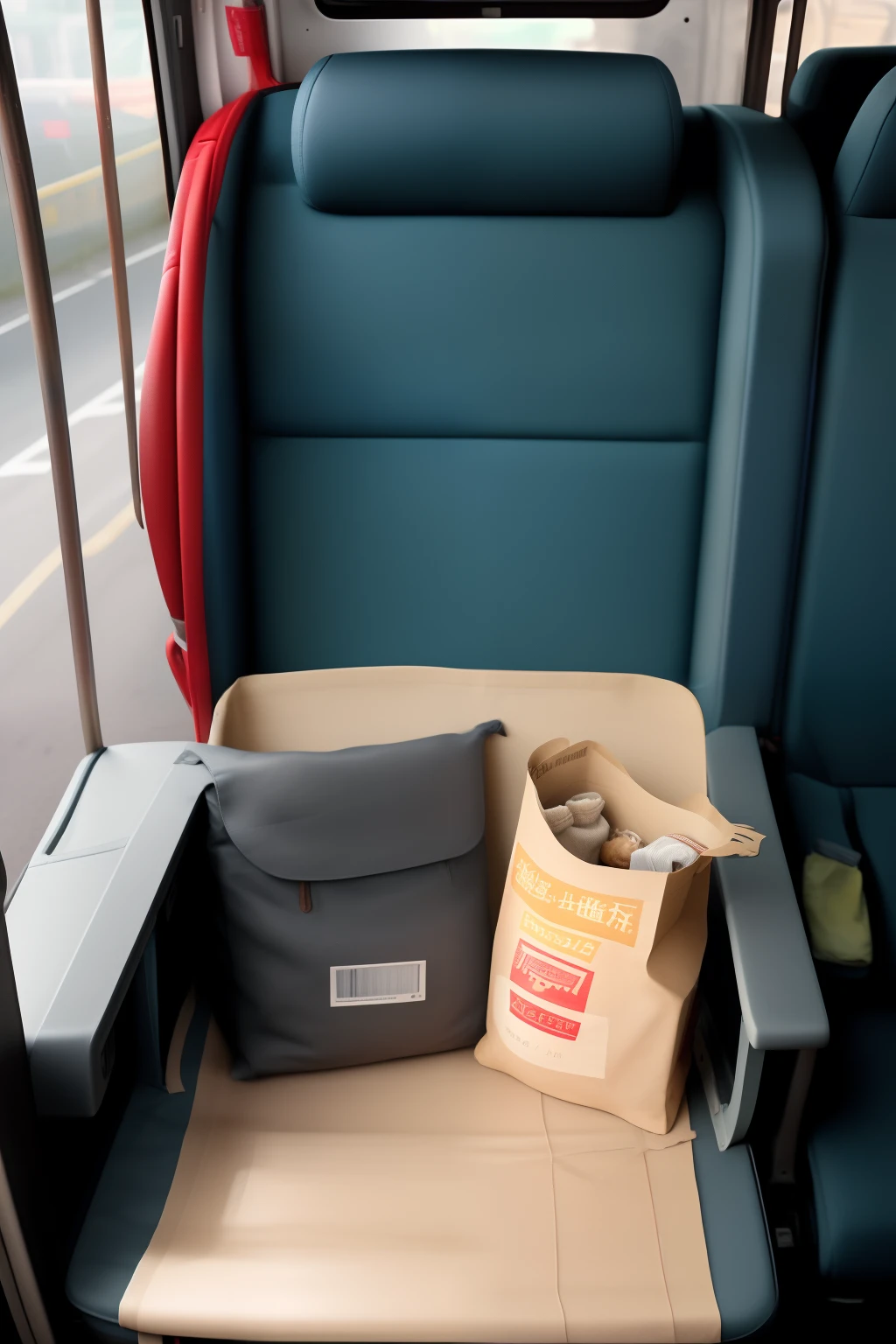 realistic, photo of seat inside the bus, bag above the seat, box package in the seat, vignette effect, no human, no child