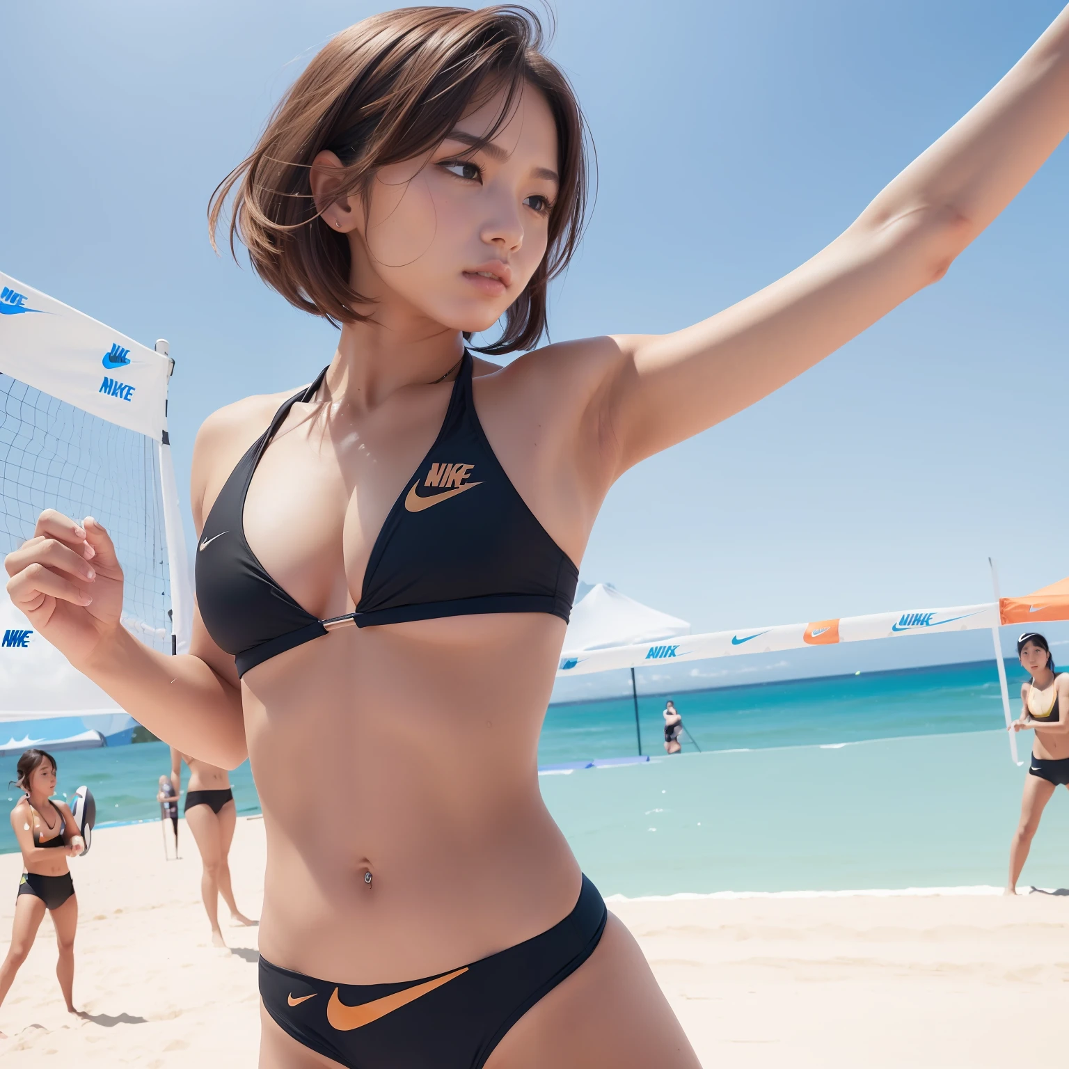(Solo), (a detailed full-body RAW photo of a girl), (masutepiece:1.0), (Best Quality:1.4), (超A high resolution:1.2), (Photorealistic:1.4), 8K resolution, Canon EOS R5, 50 millimeters, absurderes, ultra-detailliert, (40yo), back focus, Cinematic lighting, Detailed beautiful face, (no-makeup:1.2), (ulzzang -6500-v1.1), petite figure, Detailed skin texture, (flat chest:1.4), (skinny and fit body:1.6), Detailed brown hair,  sweltering,(Very short hair:1.5), See Through wear, (dark colour Nike Competition beach volleyball bikini:1.5), More transparent, low rise, realistic glistening skin, Detailed texture, (erect nipples:1.5), (japanese athlete:0.5), Cameltoe, well-developed abs, (beach), dynamic pose,