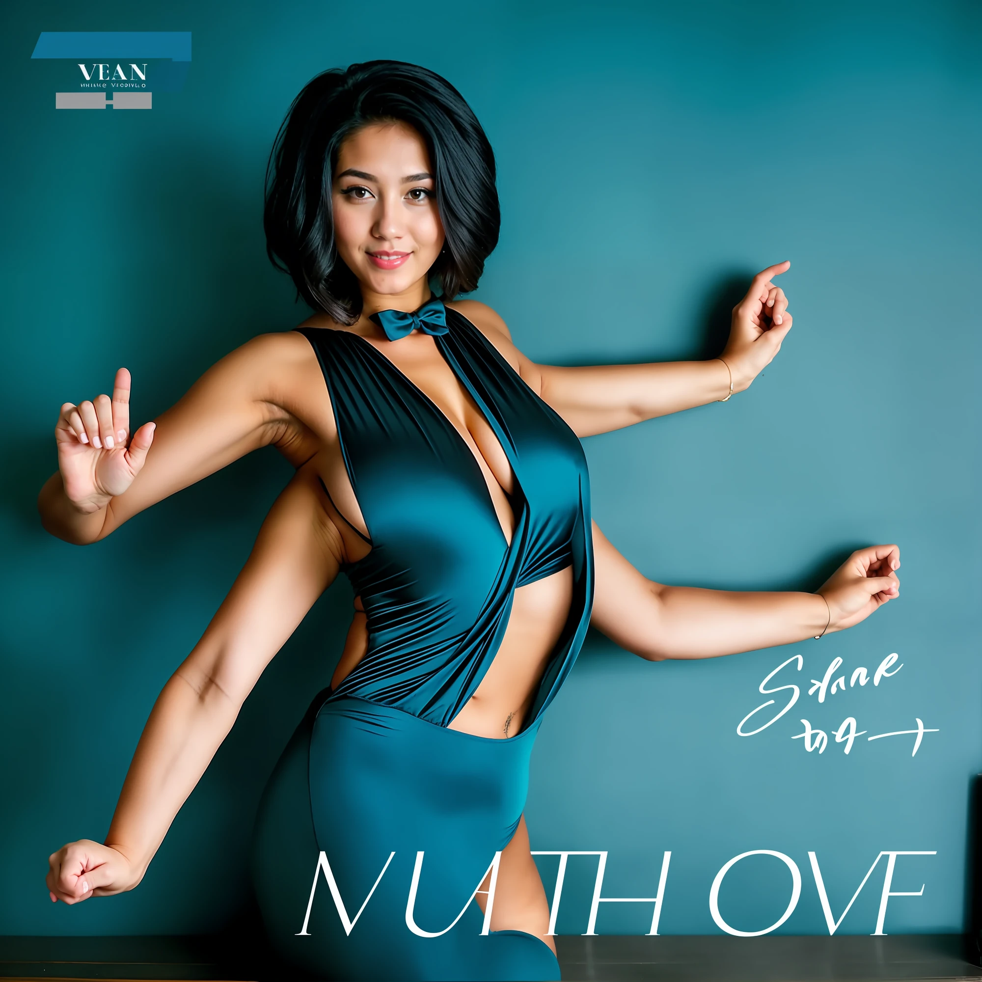 2heads, 4arm, Extra arms, a woman posing for a picture, blue bra, curvy arms, incredibly beautiful, strong pose, very beautiful, arms to the side, 4 arms and 2 legs!, curvy arms, multiple arms, armpits fused to shoulders, normal hands, slender body, identical faces, 21 years old, upper body shoot, korean