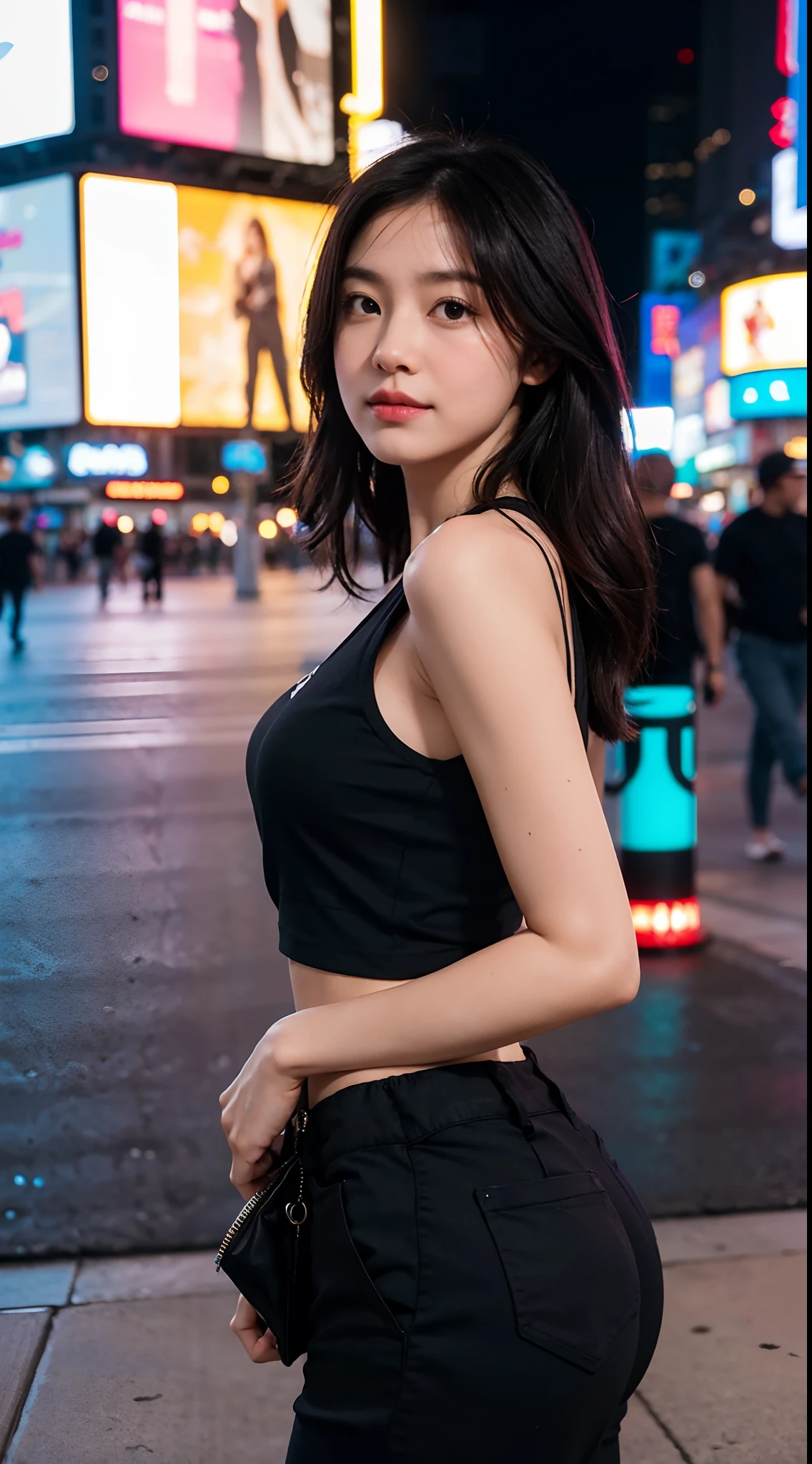 A daughter，Black  top，casual pants，time square，Natural expression，f/2.8 apertures，85mm focal length，4800 pixels，Master masterpieces，Ultra-high 4K image quality