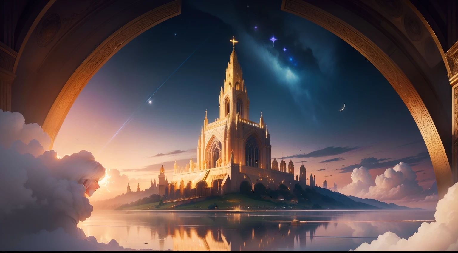 artist's vision of the 'New Heavenly Jerusalem' described in the Bible. Imagine a city of divine proportions, made of pure gold, glittering in the sky. In the center of the city, portray the figure of Jesus in all his glory and grace, radiating light and love. Highlight the architectural details of the city and the heavenly beauty that surrounds it, capturing the sense of peace, harmony and hope that this place represents for the faithful