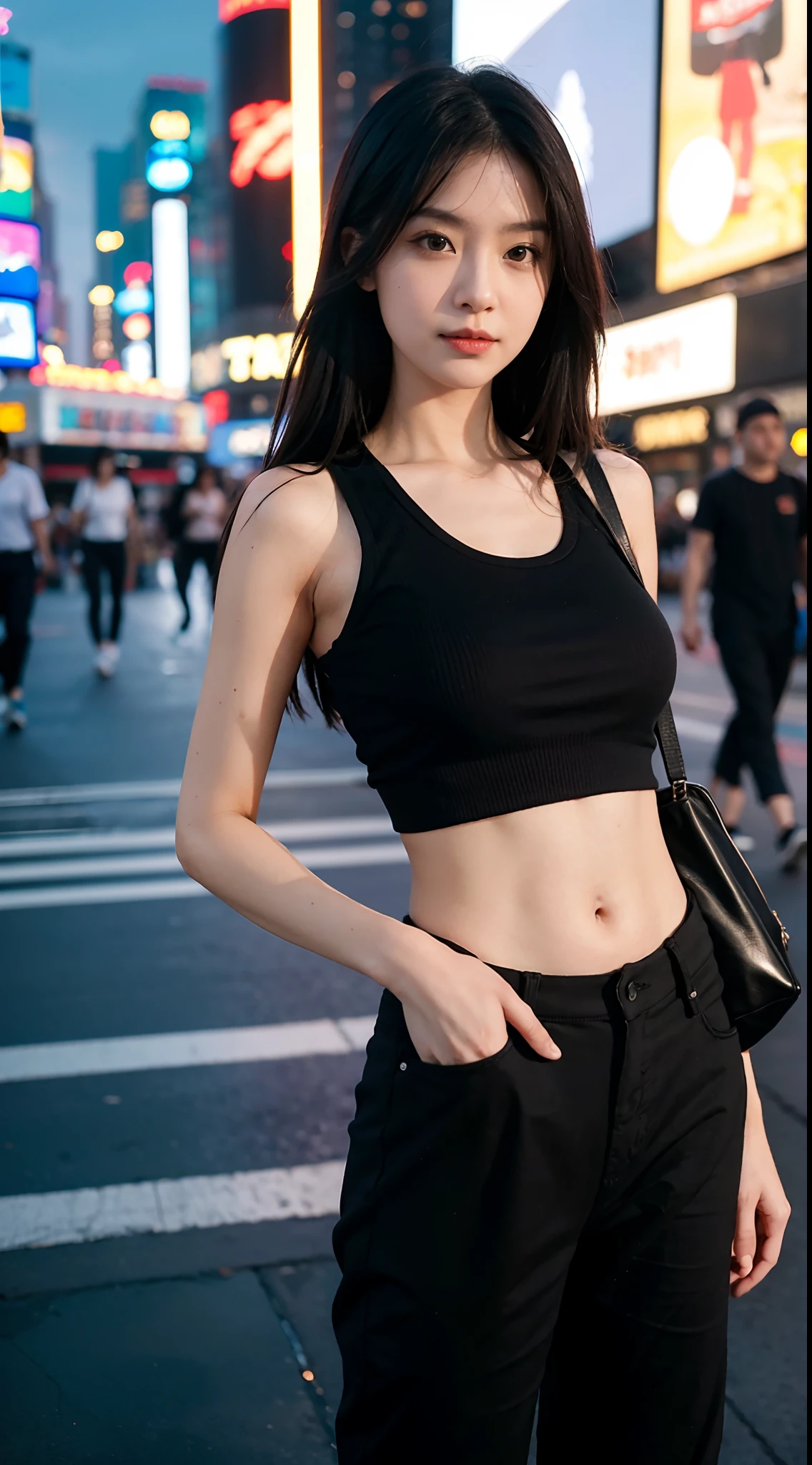 A daughter,Black top,casual pants,time square,Natural expression,f/2.8 apertures,85mm focal length,4800 pixels,Master masterpieces,Ultra-high 4K image quality