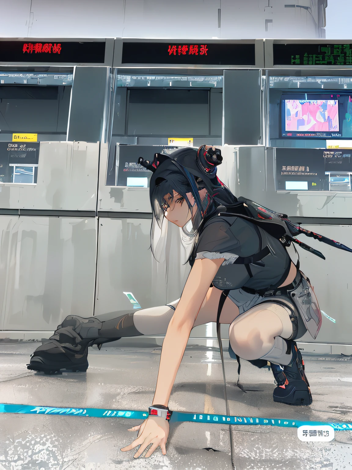 There was a woman kneeling on the ground，Carry a backpack, wearing cyberpunk streetwear, cyberpunk streetwear, wearing japanese techwear, E-Girl, e - girl, muted cyberpunk style, has cyberpunk style, Cyberpunk costumes, cyberpunk style outfit, cyberpunk photo, cyberpunk wearing, cyber punk style, y 2 k cybercore, in cyberpunk aesthetic, techwear fashion