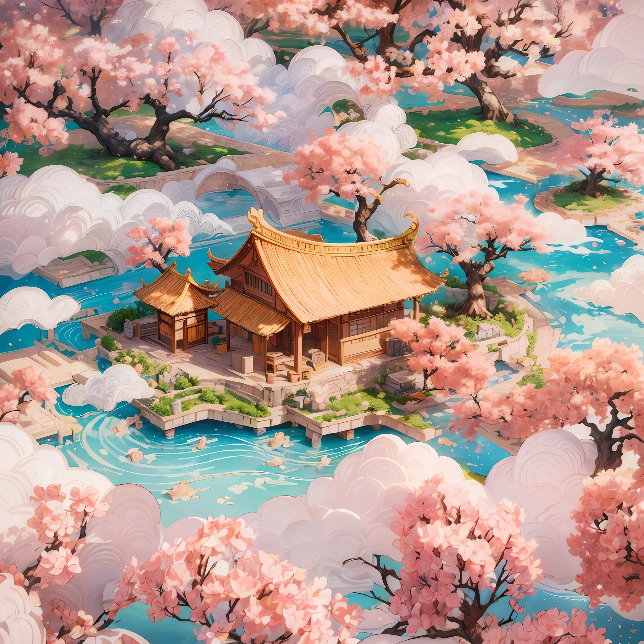 (popup book:1.5),Wonderland, peach trees on clouds, small wooden houses on clouds, peach blossoms on clouds, cloud patterns,  Soft Lighting，Oriental elements，super wide angle, dreamy, Pastel colors, bright colors, Chinese traditional color matching, ( reasonable design, Clear lines, High sharpness,best quality, Very detailed, masterpiece, official art, movie lighting effects, 4K ),