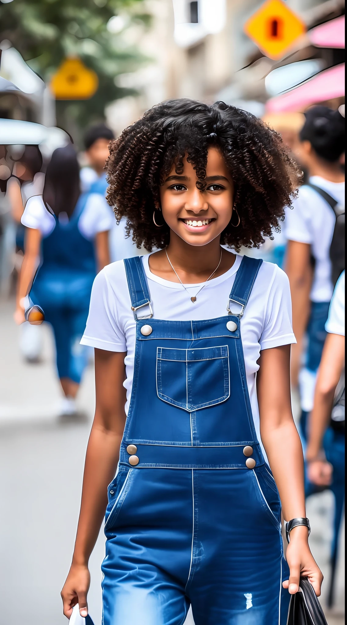 clear day, very busy street, stores full, group of friends, girl is black, curly hair, approximately 14 years old, dressed in blue denim overalls, one of the straps loose, white blouse underneath, white sneakers, with credit card credit in hand buying a cell phone from a street vendor