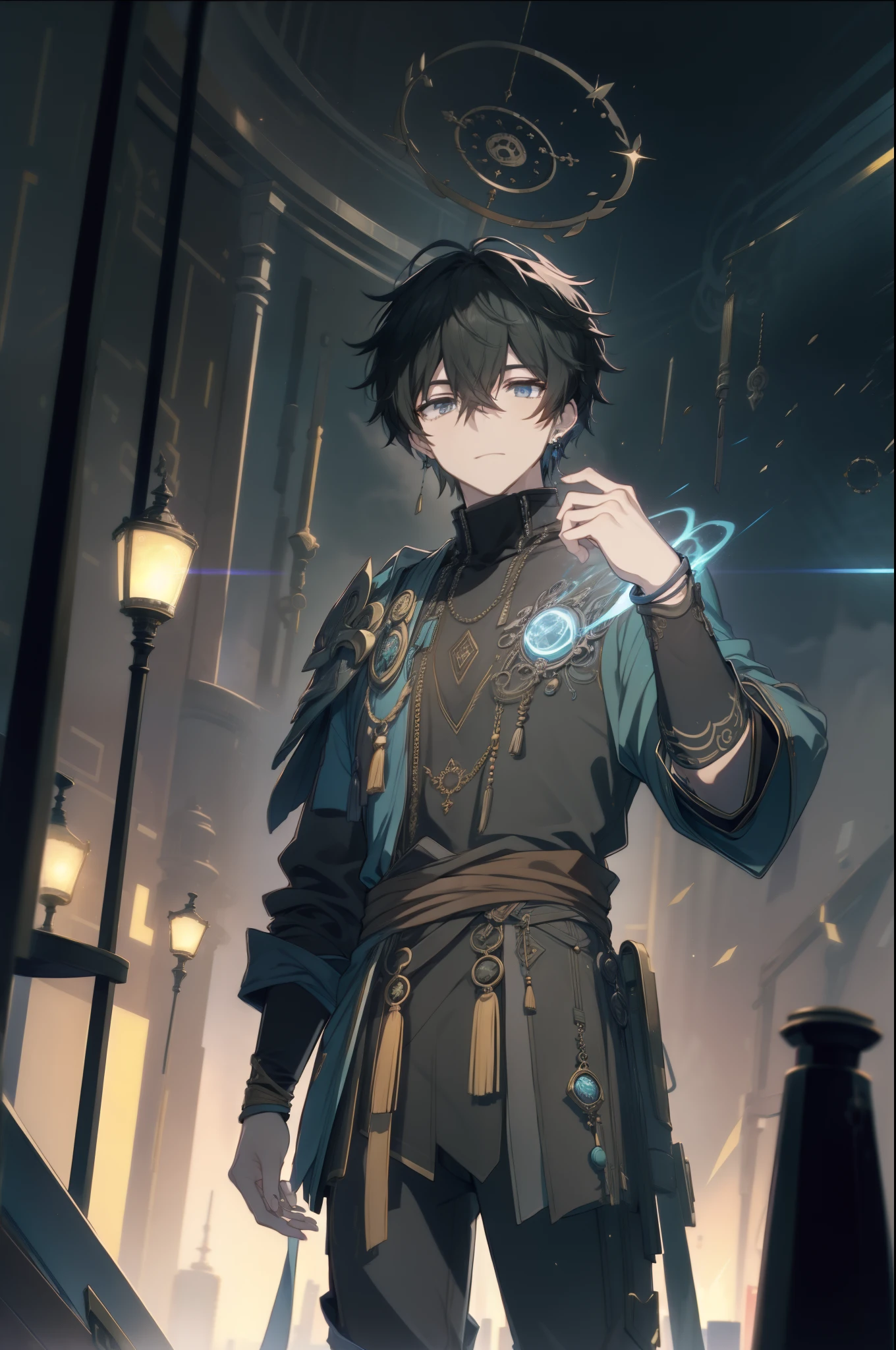 In the heart of a modern fantasy city, tu protagonista masculino se destaca. His black hair frames a face of enigmatic features, mientras que sus ojos grises parecen reflejar las luces cambiantes de la urbe. Viste un traje elegante de color negro que fluye como una capa, con detalles dorados que destellan bajo las luces de la ciudad. El escenario se llena de rascacielos imponentes, pantallas de hologramas y calles llenas de vida. En este ambiente de maravillas modernas y misterios por descubrir, Your protagonist moves with a magnetic presence, ready to face the challenges that the city and its secrets present to you