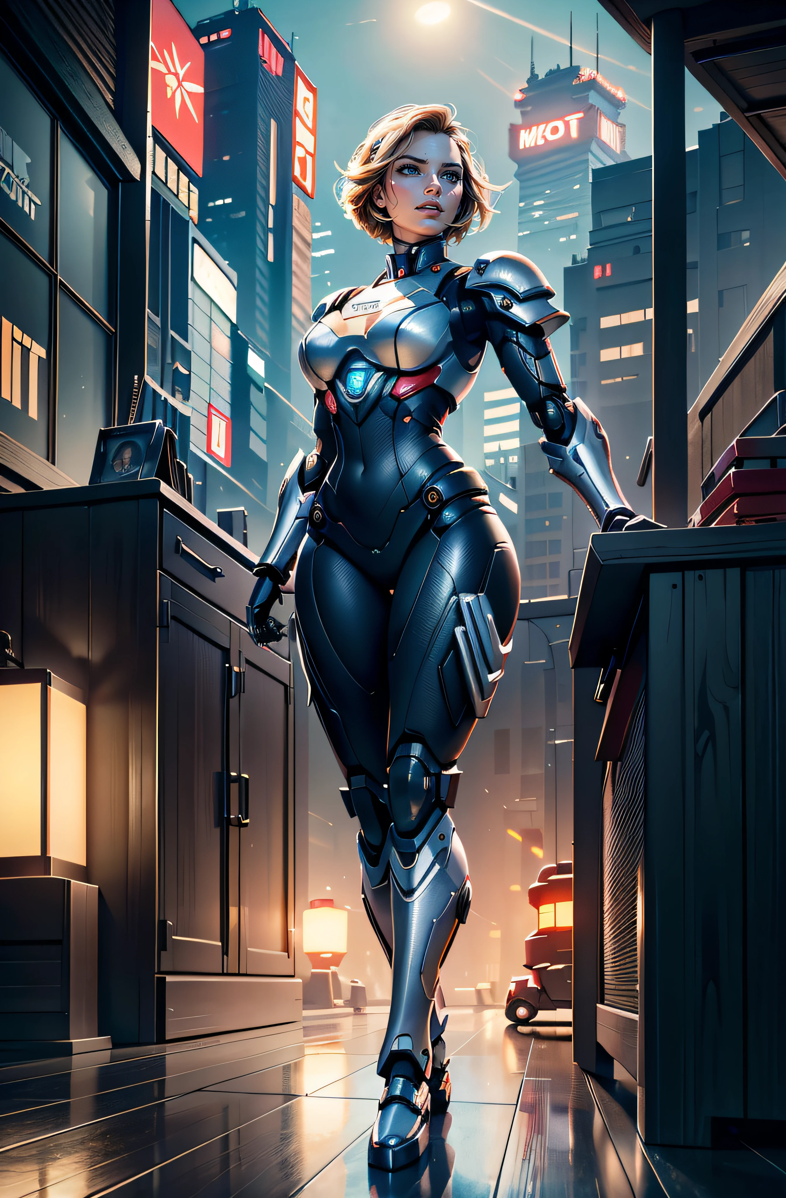 Margot Robbie ((best quality)), ((masterpiece:1.2)), (extremely detailed:1.1), (8k, high quality, cinematic, hyper realistic, illustration, letterbox), (autodesk maya, vray render, ray tracing, hdr), (16mm focal length, f/4 aperture, dynamic perspective, deep depth of field), (3D model, full body, (giant female stylized mecha with large glass cockpit and beautiful female inside), standing solo, dynamic pose, brutal robotic armor, stickers, stylized paint scheme, leds, japanese tech, samurai, cyberpunk rooftop background at night), (nighttime), (hdri:0.35, bloom:0.25, rim lighting, soft lighting, low key), dark theme:0.66, futobot confident,