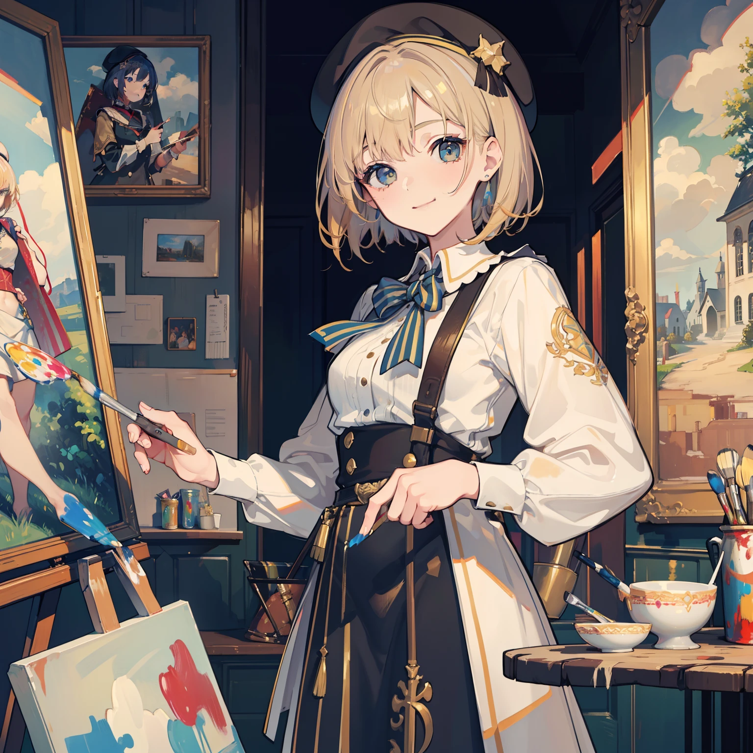 masterpiece, fine detail, 4k, 8k, 12k, solo, one person, beautiful girl, caucasian woman, painter, short hair, smile, paint on face, dirty clothes, palette, beret, paint, paint, paintbrush