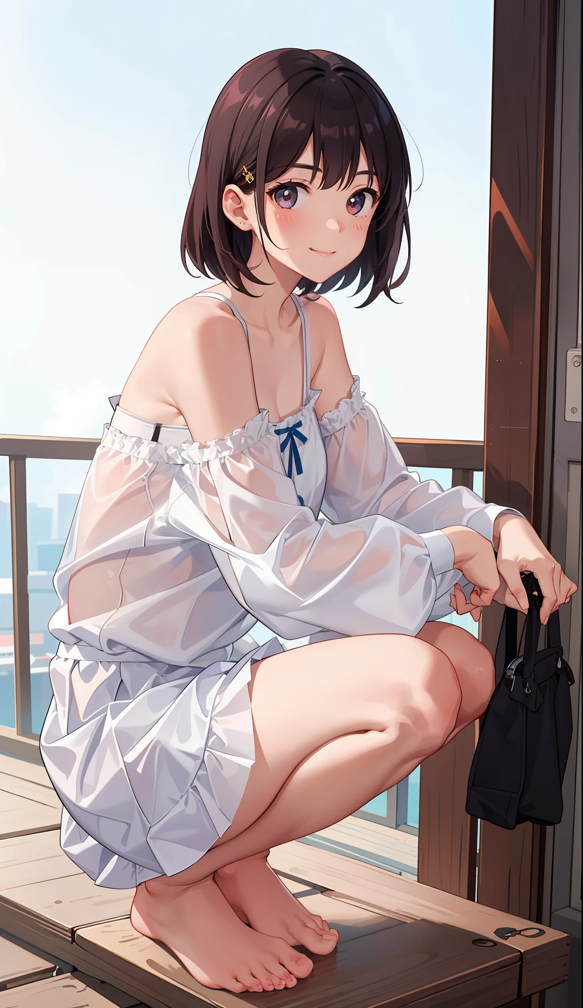 1girl in、A smile、Underwear、Cute underwear、Upper body portrait、Squatting panchira、
