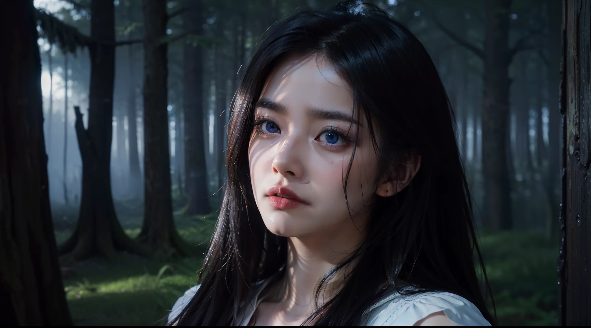 Fantastic forest,Night, Dark, (Fantasy),infinite,deep blue sky,The abyss of knowledge,Cowledge,((masutepiece)), (((Best Quality))),((Beautiful fine eyes)),(Eye lashes)、Realistic clouds、Very beautiful face、The ultra -The high-definition、Wolf and Human Girl、(女の子1人)、Black hair、The long-haired、abyss eyes、glowy skin、oils、small tits、Perfect human body structure、Robe with red hood、tattered cloth、Realistic coat、Teenchi、Super delicate CG Unity 32k wallpaper、photoRealstic、masterpiece, ((ultra-detailliert)), ((illustratio)),colourfull,wall-paper,The energy,Unknown terror,Incomprehensible,Boken,Flying pages,Know everything,Predict the future、Get to know the past、Infinite wisdom、blue flames
