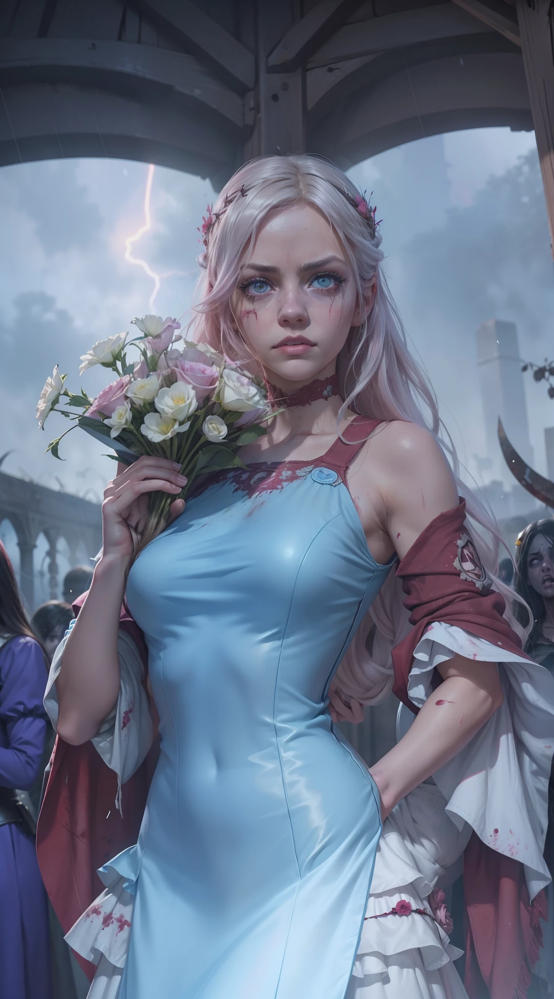 fotorrealista,Realistic illustration in Modelshoot style,((obra maestra)),((La mejor calidad)),((calidad ultra)),((ultra detallado)),((1girl)),((Only)),((waifu:1.5)),Perfect anatomy,manos perfectas,hermoso cuerpo,hermoso_cara,ulzzang-6500-v1,e-chica,Excepcionalmente Beauty Waifu Princess Emma Stone y Eiza Gonzalez como Rin Tohsaka y Tifa Lockhart corriendo aterrorizada en un hospital siendo perseguida por un grupo de zombis horribles y aterradores,(((zombis,A crowd of horrible and terrifying zombies watching and running after her piled up with each other to catch up with her...))),en un cosplay de colegiala,ropa mojada,Minifalda Sailor,Calcetines negros,((rosa-brillante_ojos)),Cabello largo ondulado,Pinzas para el cabello,delineador,Maquillaje lindo,lipstick,Glossy lipstick,con una mirada de terror, worry and sadness,((ojos detallados perfectos)),lluvioso con niebla afuera,noche,Tema rosa,bioluminiscencia,light particles,((Extremadamente CG Unidad 8K Fondo de pantalla)),((cinematic lighting,Luces de la mejor calidad)),Detalles intrincados,Suave,foco nítido,Extremely beautiful and aesthetic,Renderizado de octanaje,retrato de cuerpo entero,damp skin,((Cuerpo detallado perfecto)), Hands holding a bunch of bloodstained flowers, long white hair