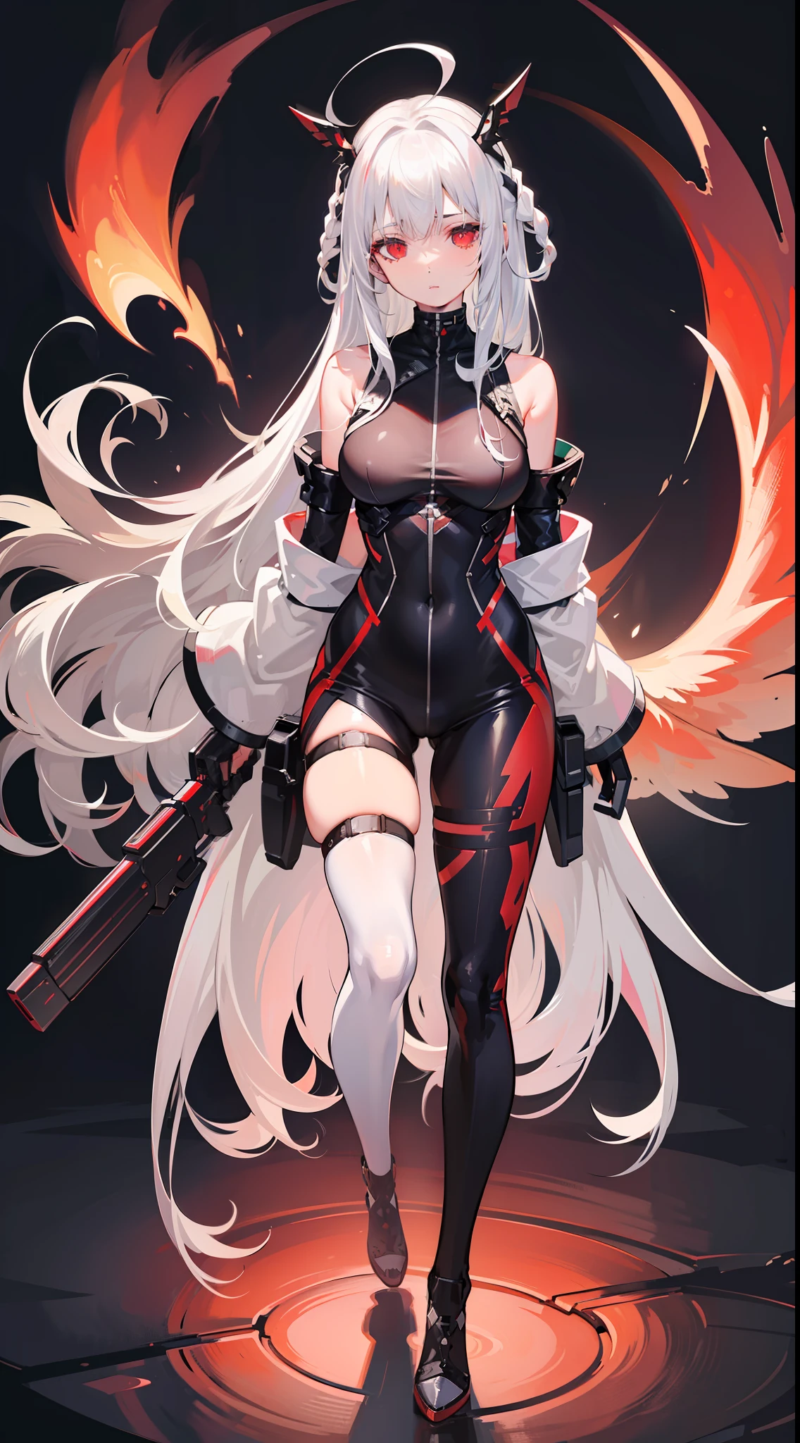 (highlydetailed,ultra-detailed), high-tech bodysuit,1 girl, red eyes,beautiful detailed eyes,long hair,white hair,silver_hair,Wing-like bangs,(full bodyesbian:0.9),Dull hair,ahoge,Hair rings,braid,cold,Tactical eyepieces,with a variety of weapons.