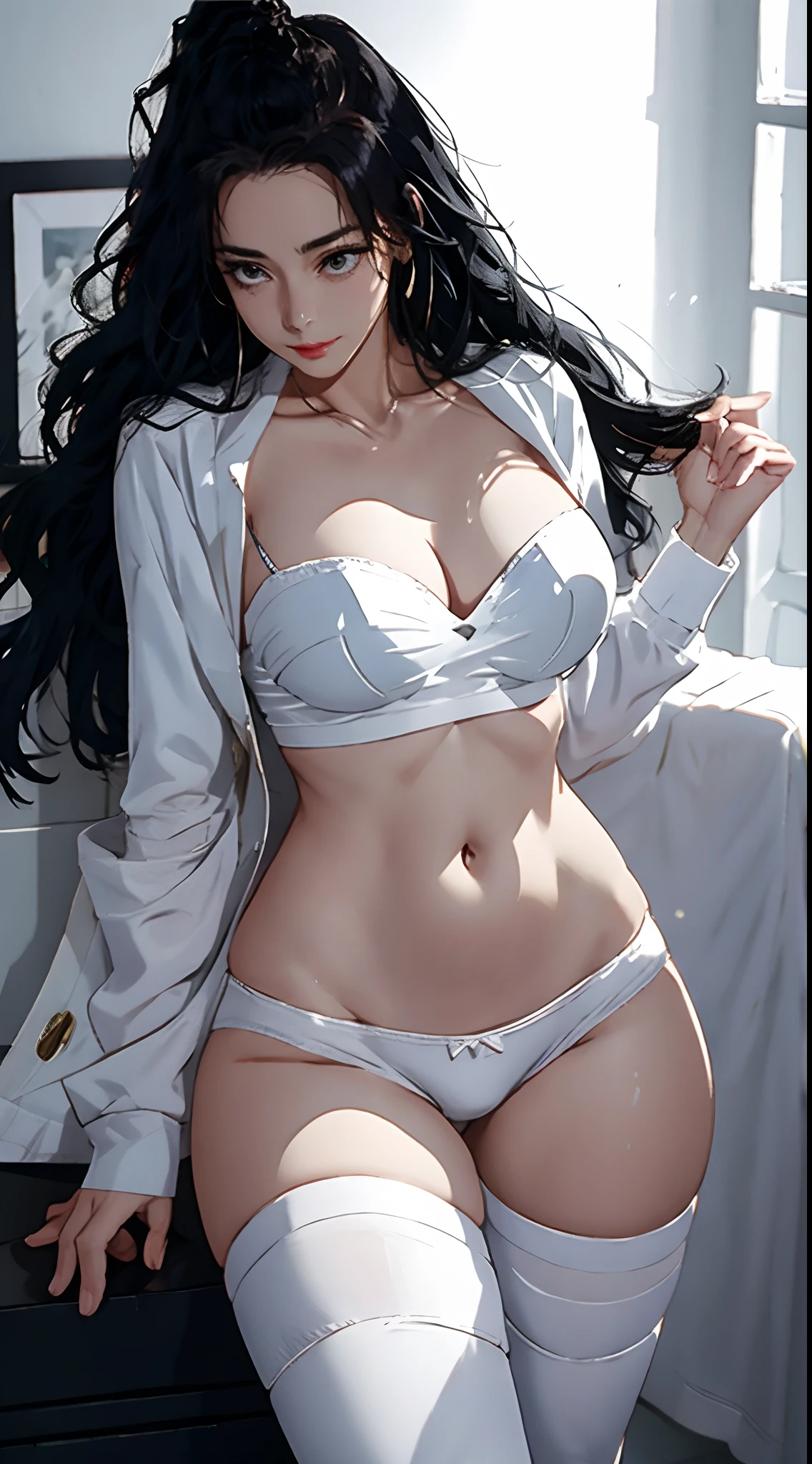 1female,extremely large bosom,girl soldier,white naval uniform,The kinky is exposed,Raised sexy,,Flushed complexion,standing on your feet,nakeness,chest baring,Exposed genitals,with no underpants,Protruding genitals,Camel toes,8K,legs are open,Long flowing black hair,The hair was long,