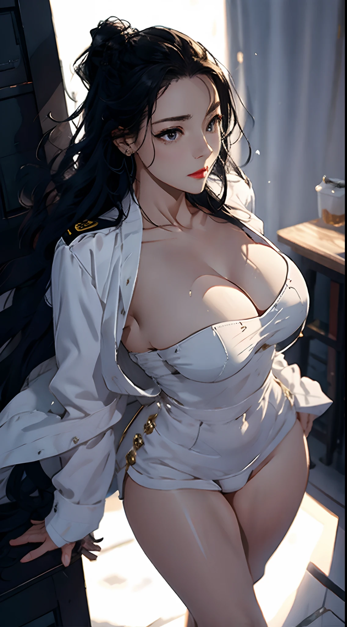 1female,extremely large bosom,girl soldier,white naval uniform,The kinky is exposed,Raised sexy,,Flushed complexion,standing on your feet,nakeness,chest baring,Exposed genitals,with no underpants,Protruding genitals,Camel toes,8K,legs are open,Long flowing black hair,The hair was long,