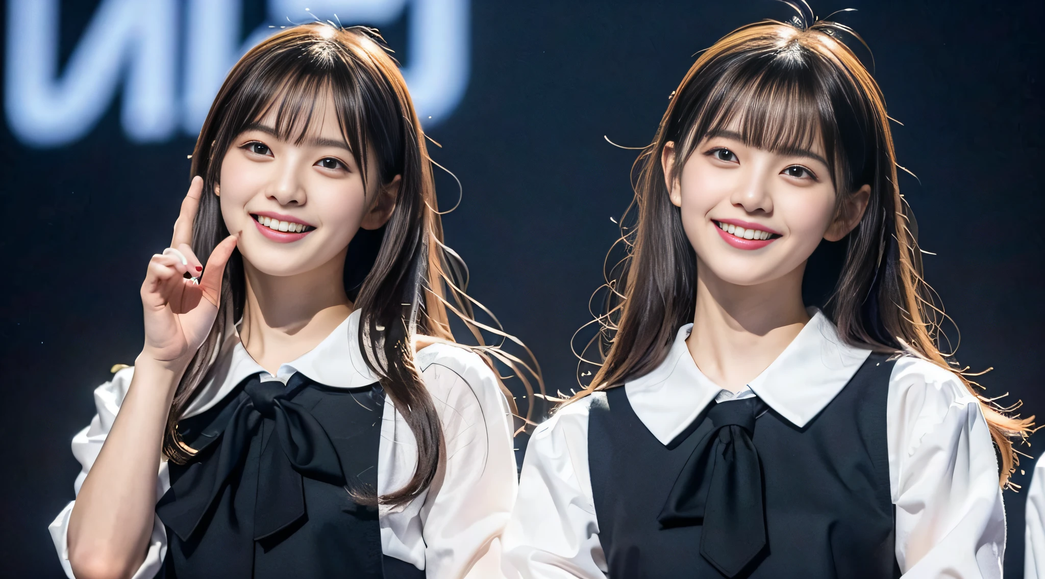 (8k, RAW photos, top quality, masterpiece: 1.2), super detail, super resolution, (photorealistic: 1.4), , high school girl miss con, schoolgirl posing on stage, smile so much that you can see teeth, full body shot, full body photo, high resolution RAW color photo, beautiful and shiny stage light, real light, detailed background of female proofreading miss con 2022, Dancing on stage, swaying skirt, holding a microphone in her right hand, very detailed and beautiful background, super high image quality, 8k wallpaper, amazing details, very fashionable and delicate uniform, very detailed beautiful girl, very detailed face very detailed eyes, very realistic skin, very detailed fingers, very detailed nose, very detailed mouth, perfect anatomy, very detailed background, very detailed clothes, , Cute girl, Famous Japan idol, Cute, Realistic body, Slender, White skin, Glowing skin, Slim body, Long straight hair, (Dull bangs:1.2), Realistic face, Delicate eyes, Double eyelids, Sailor suit, red tie, pink eye shadow, (((Hair is fluttering every time a high school girl dances)), Celebrity-level cuteness, Modern female proofreading, ( Heart mark under the eye wo) (Cute pose)
