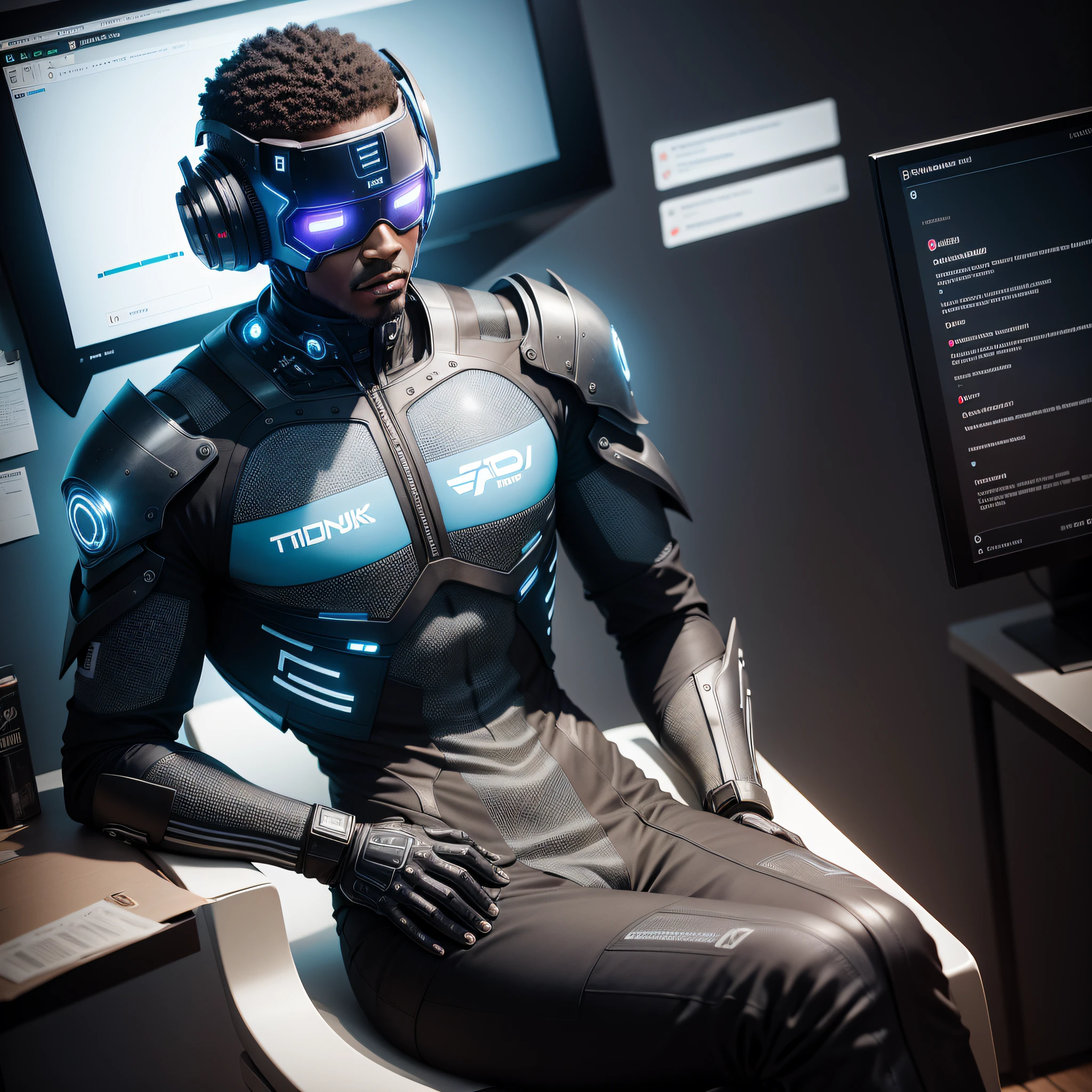 Homem negro de roupas vestido com roupas elegantes e sociais, sitting in a cyber punk office decorated with signs with artificial intelligence icons.