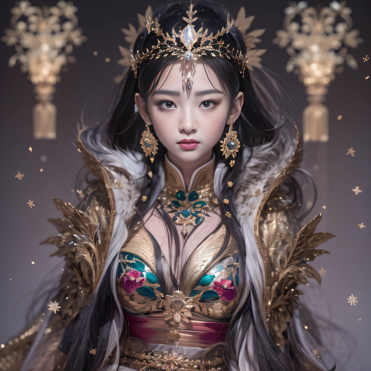 16k（tmasterpiece，k hd，hyper HD，16k）short detailed hair，Transparent area in the back room，Flame Girl ，Yao Lang protector （realisticlying：1.4），Python pattern robe，Purple-pink tiara，Snowflakes fluttering，The background is pure，Hold your head high，Be proud，The nostrils look at people， A high resolution， the detail， RAW photogr， Sharp Re， Nikon D850 Film Stock Photo by Jefferies Lee 4 Kodak Portra 400 Camera F1.6 shots, Rich colors, ultra-realistic vivid textures, Dramatic lighting, Unreal Engine Art Station Trend, cinestir 800，Hold your head high，Be proud，The nostrils look at people