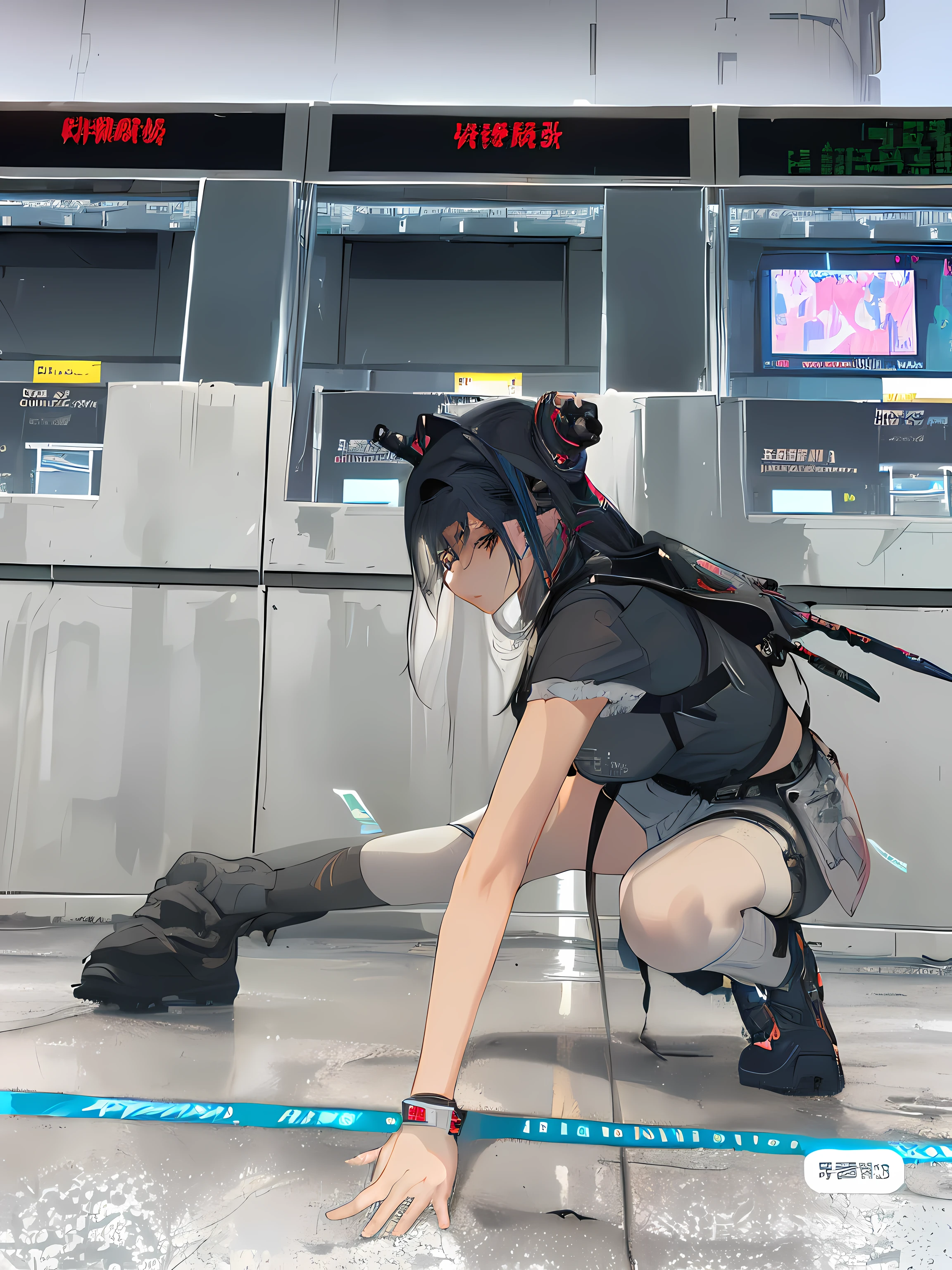 There was a woman kneeling on the ground，Carry a backpack, wearing cyberpunk streetwear, cyberpunk streetwear, wearing japanese techwear, E-Girl, e - girl, muted cyberpunk style, has cyberpunk style, Cyberpunk costumes, cyberpunk style outfit, cyberpunk photo, cyberpunk wearing, cyber punk style, y 2 k cybercore, in cyberpunk aesthetic, techwear fashion