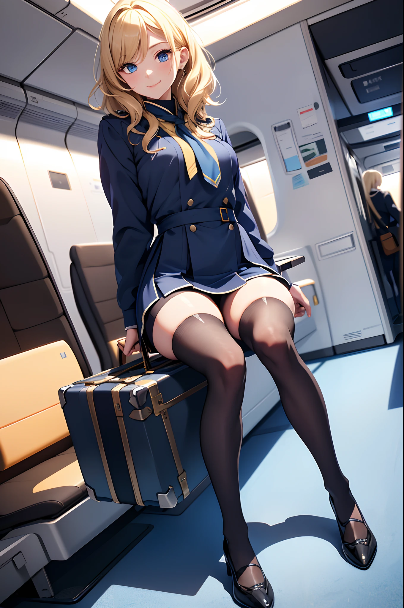 (top-quality、in 8K、32K、masterpiece、nffsw、超A high resolution、Impresionismo、Photorealsitic:1.2)、Full body, (On the plane:1.4)、detailed faces and eyes、realistic shadow、beauitful face、blurry backround、25-year-old beauty、shinny skin, Beautiful golden hair、Wavy Hair、Shorthair、blue eyess、ANA Cabin Attendant Uniform、tight skirts、pantyhose、Black shoes、kindly smile、thighs thighs thighs thighs、Slouched、Wrap the scarf around your neck、Lifting trunk case、
