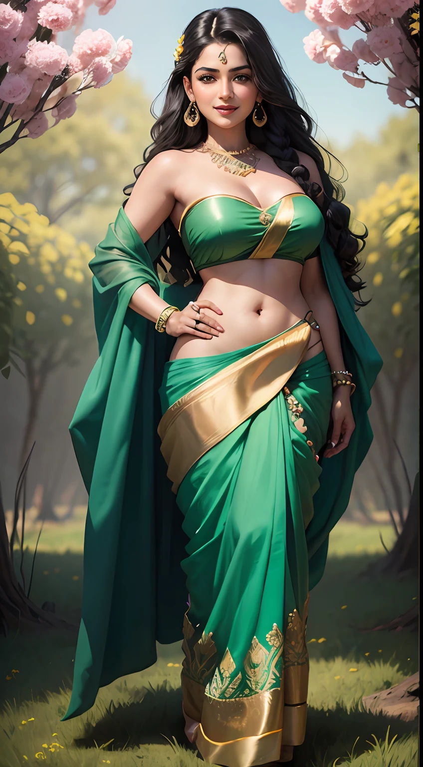 Mamta Kulkarni, young, beautiful, standing in a meadow, flowers in hand, black braided hair, big smile, wearing a tiny light green strapless bra and a purple paithani full saree, full body, front view, head to toe, full light on face, photorealistic, High resolution