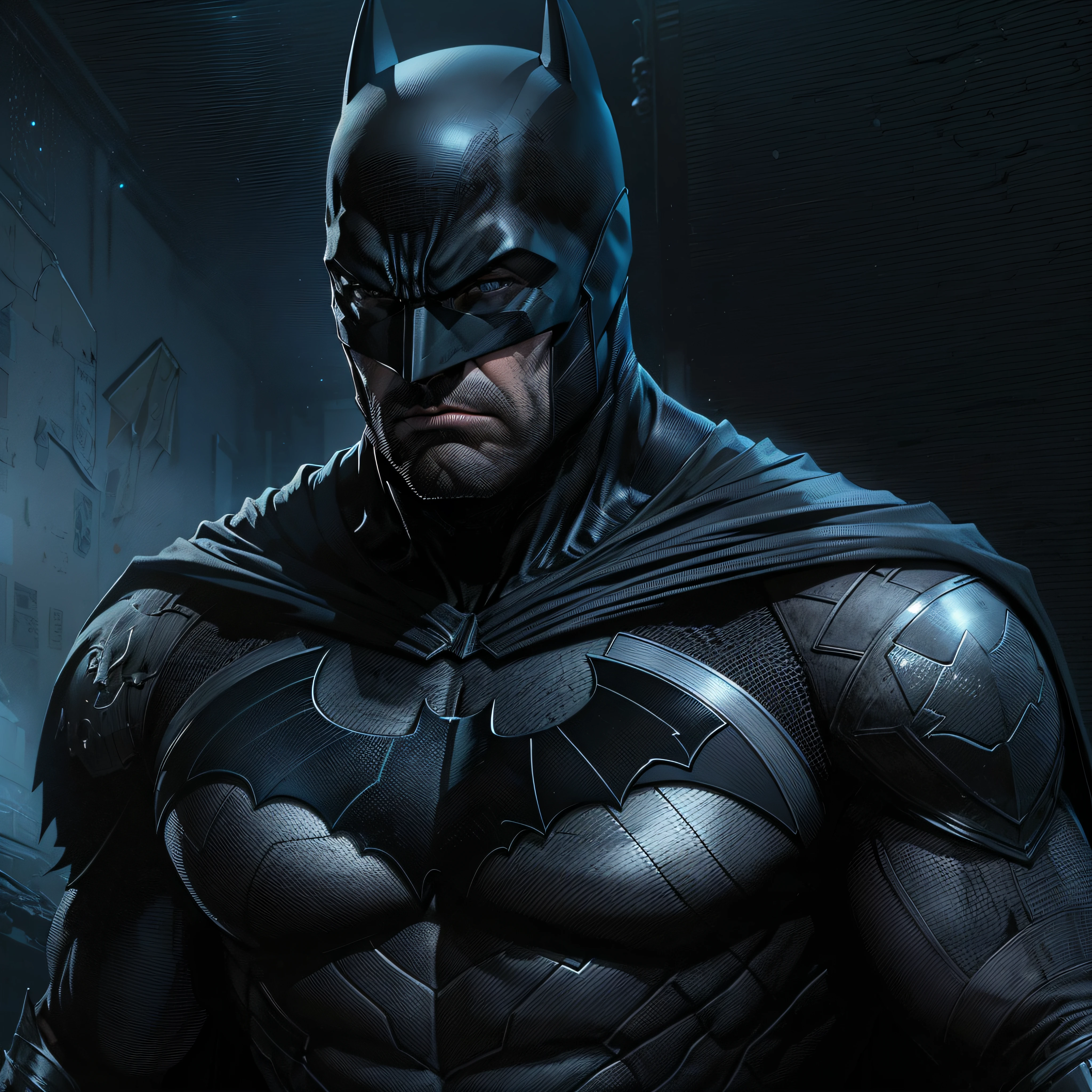 1 man, solo, Ben Affleck as Batman, tall, hunk, muscular, bulk, wide shoulder, photorealism, dark dirty grey suit, dark grey arms, ((no mask)), mask off, black hair, black gloves, best quality, masterpiece, high resolution:1.2, black cape, high detailed mask, high detailed suit, high detailed face, award winning, night time, a dark cave in the background, indoors, photo-realistic, ultra-realistic, octane render