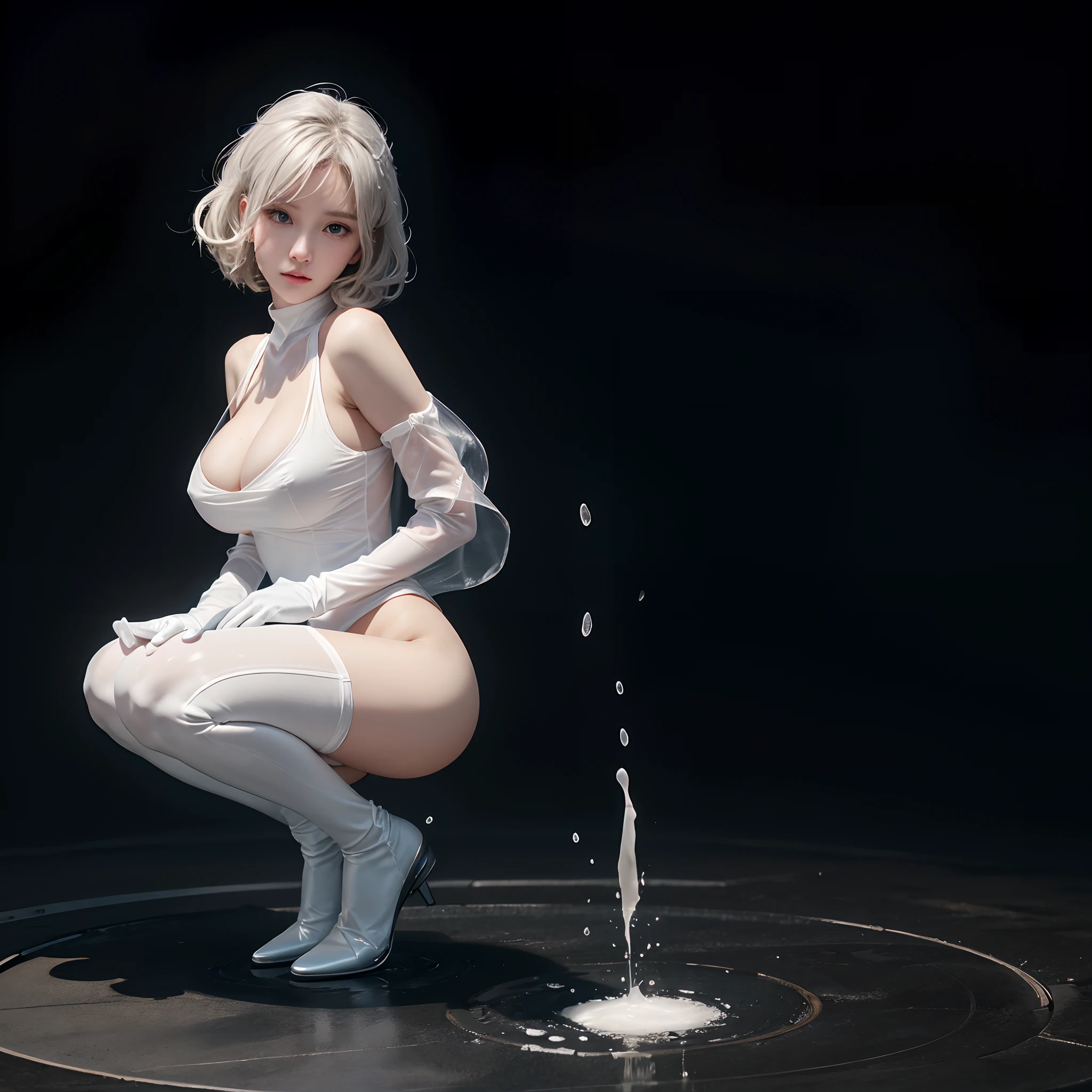 ((NSFWSTILLSHOW))、no extra arm:2、no extra hand:2、no extra leg:2、((solo 1girl))、{full length|Full height|all-fours|Half squatting|Flying|Jumpping|Ass focus、looking ahead}、{Wide Shot:1.5|Drone view|OverHeadShot|From below:1.5}、(wetted Porcelain skin、Wetted White skinny bodysuit)、Very thin and soft fabric、wetted face、{wetted hair|Floating hair|Shiny hair|Black hair|Blonde hair|Silver hair|Short Bob|Half Up|Curly hair}、Detailed Clear Nipples、detailed crotch、(The shape of the pubic area is Clearly Visible:1.2)、ass visible through thighs:1.3、Nipple shadow、(masterpiece, Best quality)、(((Photorealsitic:1.37)))、(BokeH)、smooth shading、({childish|Gigantic cleavage:1.37})、((((detailed beautiful face))))、Darkbackground、neons、zydG、high collar、elbow_gloves、Floating in the SPACE、Blue Earth、{dreamlike|creative refinement}、