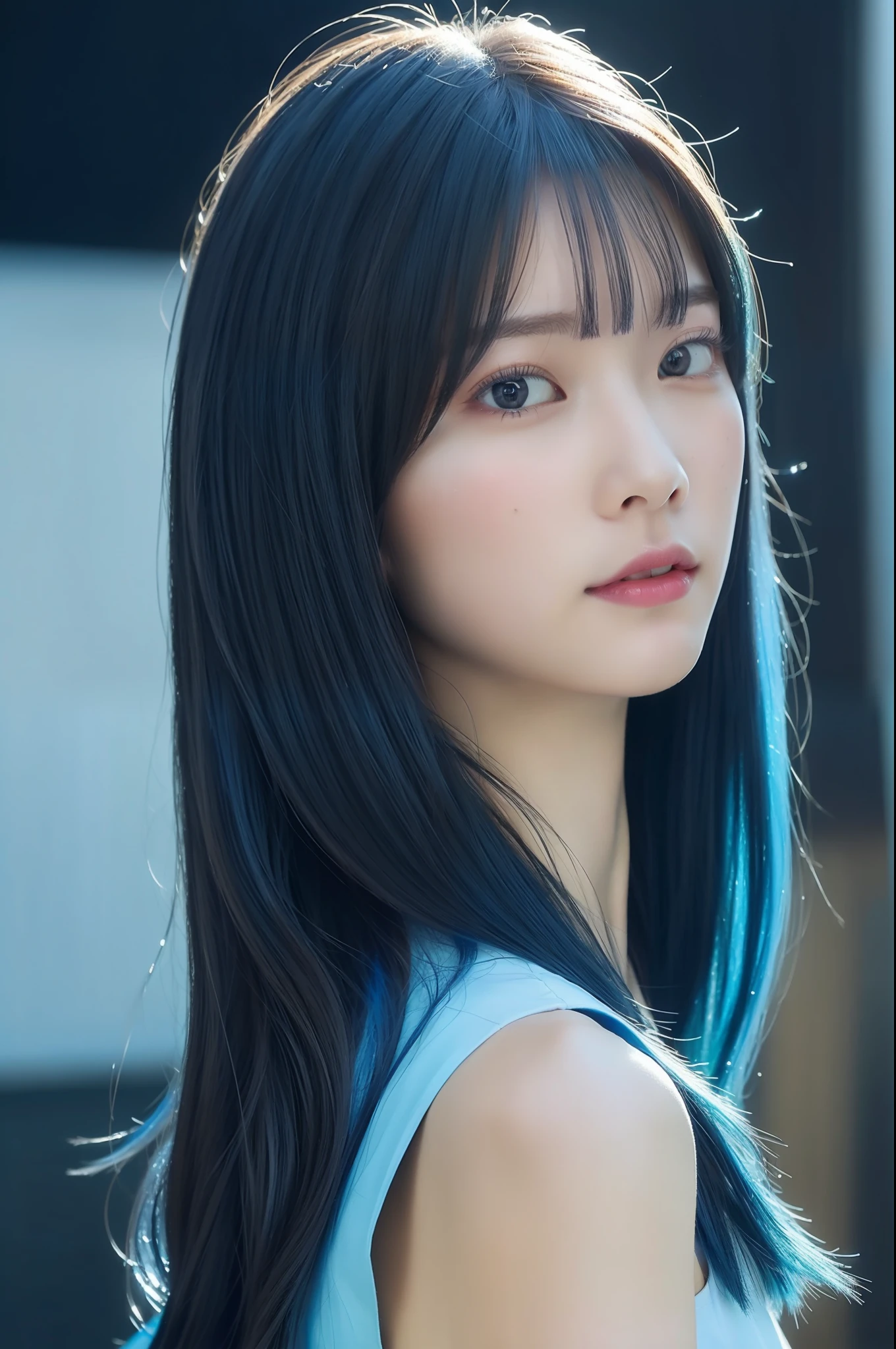 Random posture、mix4、(in 8K、RAW Photos、top-quality、masterpiece:1.2)、Inner mesh, blue hairs, , Japan band gal style, beautiful blue haired girl, flowing blue hair, rich blue colors, Sing hard、(Background Live House)One girl、profetional lighting、(masterpiece)、(Elaborate CG)top quality photo, hight resolution, 1080p, (Clear face), (Detailed face description), (Detailed hand description)、(masterpiece)、(Elaborate CG)、extreme light and shadows、dishevled hair、The work of the master、abundant detail、(Fine facial features)、(top quality photo)、(masterpiece)、(A detailed eye)、Look in front of you、from behind,(Background bright studio)