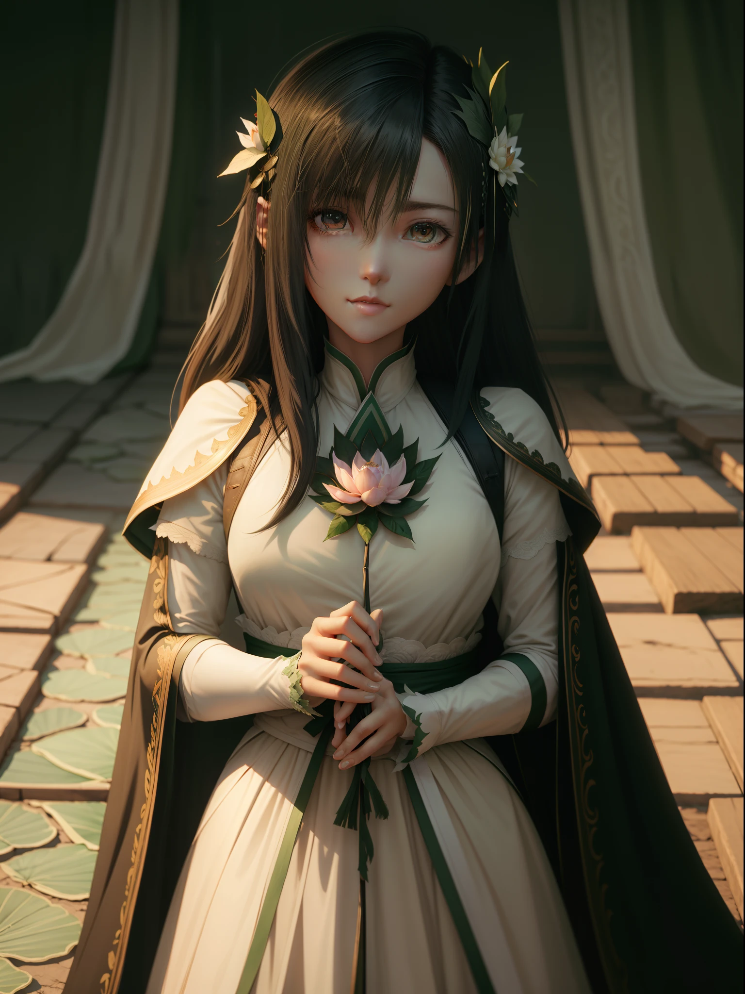 raining day,Holding on to the lotus leaf,White-haired, green-haired, cute two-dimensional boy looking straight ahead,Look up at the viewing angle lens,Brown gown with white undertone。