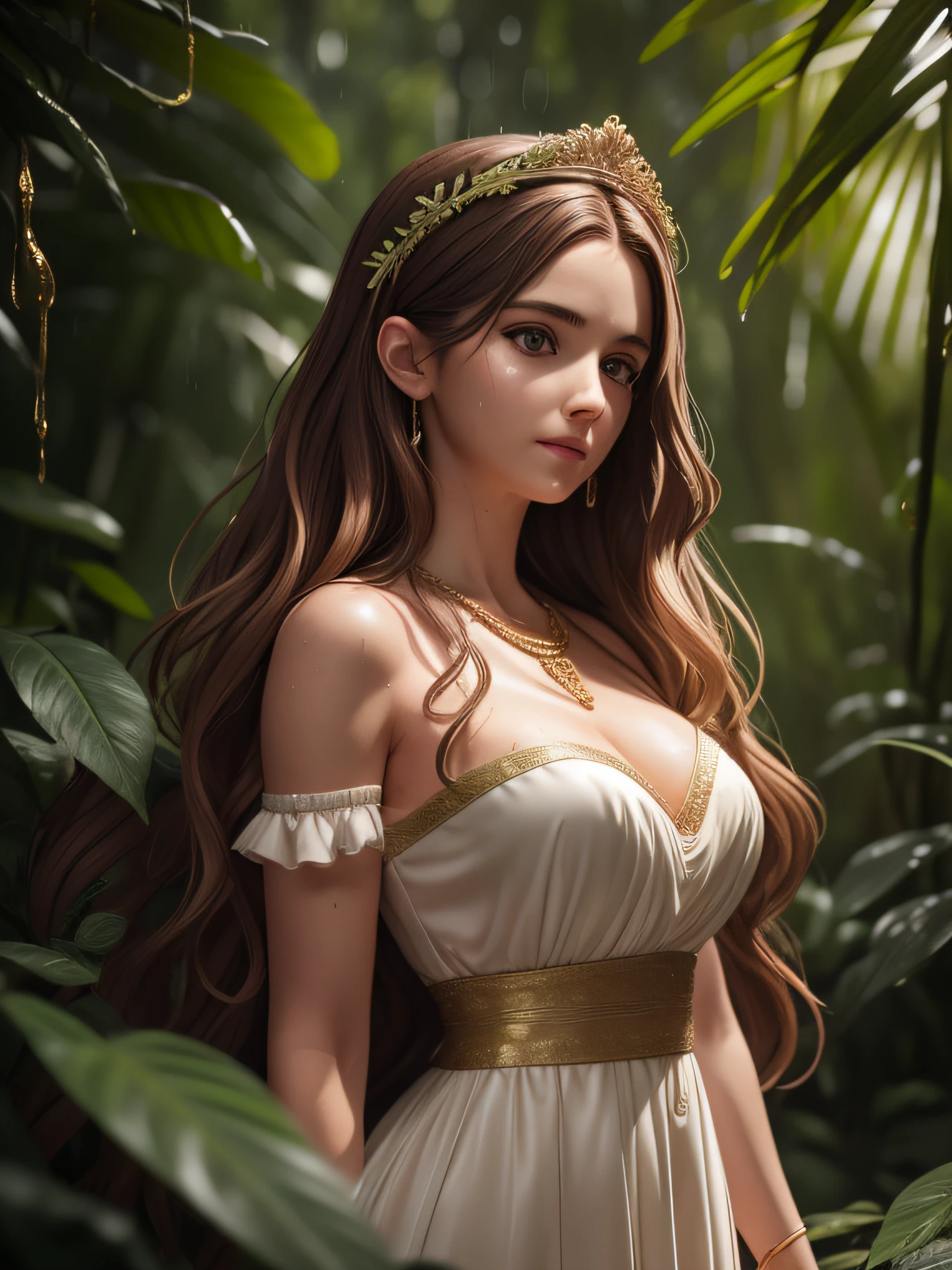 Full body photo of 25 year old European girl, RAW, beautiful woman, semi-parted strawberry lips, dimples, wistful gaze, (extra-long wavy brown hair), ((detailed face)), ((detailed facial features) )) , (finely detailed skin), pale skin, (high-tech princess dress with gold necklaces), rainy wet jungle setting, (cool colors), wet, wet, reflections, (masterpiece) (perfect proportion)(photo realistic)( best quality) (detailed) taken on a Canon EOS R5, 50mm lens, F/2.8, HDR, (8k) (wallpaper) (cinematic lighting) (dramatic lighting) (sharp focus) (complex) , RAW photo, RAW photo, in a jungle, in heavy rain, monochrome, vines everywhere, giant wet trees, masterpiece, best quality, high quality, extremely detailed unit CG, award winning photography, depth of field, HDR, bloom, chromatic aberration, photorealistic, extremely detailed, trending on artstation, trending on CGsociety, intricate, highly detailed, dramatic, in-between art, volumetric lighting