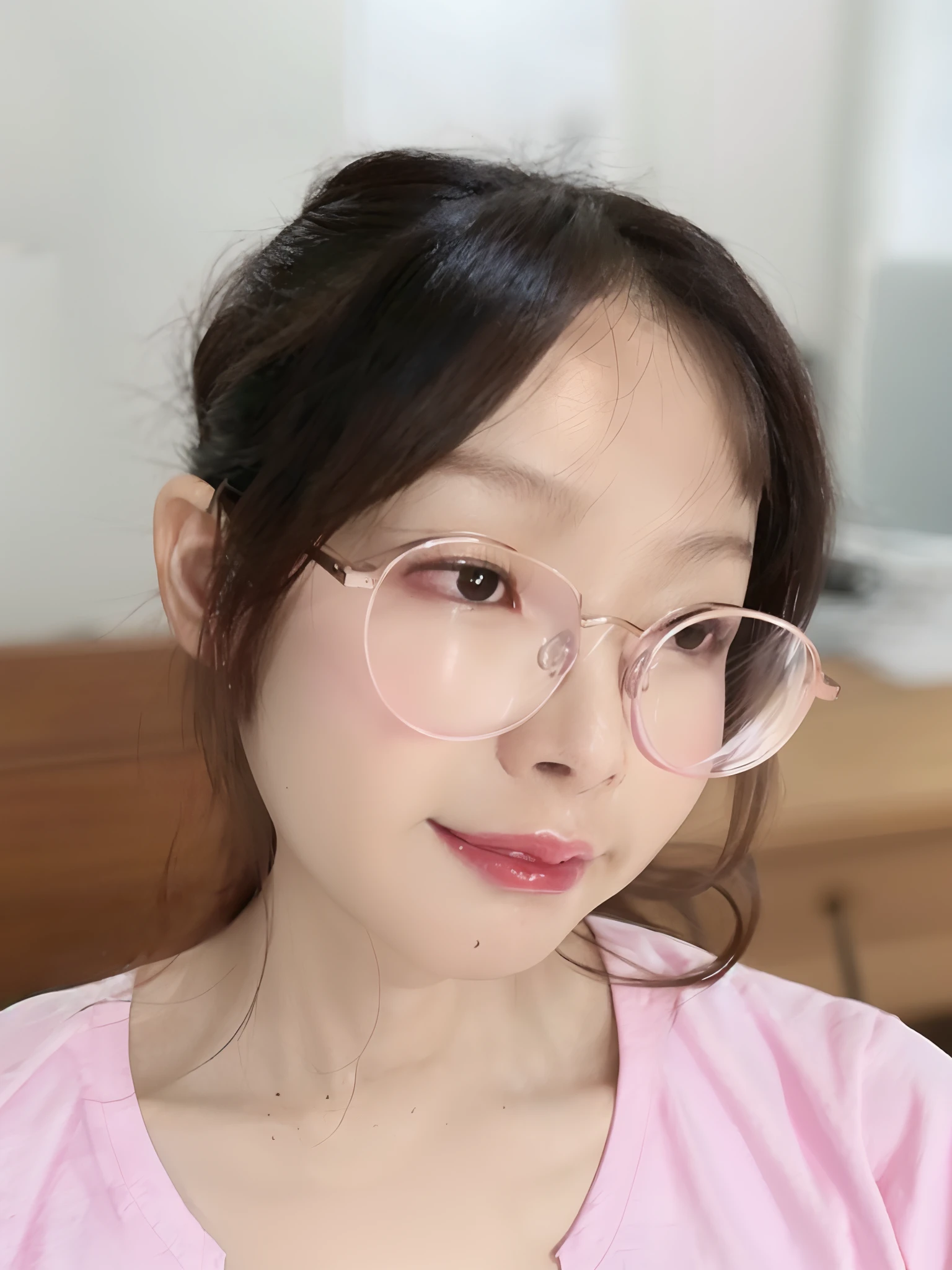 There was a woman with glasses and a pink shirt, wearing thin large round glasses, wearing small round glasses, With glasses, large round glasses, eye glass, xintong chen, a girl with round glasses, wearing round glasses, Yoshitomo Nara, 8k selfie photograph, clear cute face, chiho, wears glasses, Li Zixin