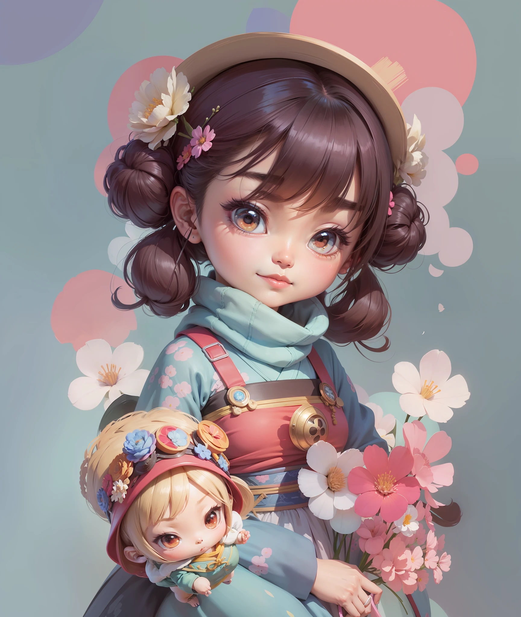 Daisaku),(Need),(Super meticulous),(A half body:1.2),Super Young Woman，Beautiful，Raised sexy，爆乳，Oriental face，TV anchor，Bust portrait illustration，Alone，blue kimono，，The face is slightly chubby，The face was clean，without a beard，black super short hair，Black eyes，Smile confidently，Flowers in hand，Hanging dolls，Digital painting，Akira Toriyama with Mark Clairenden and Pixar and Hayao Miyazaki 3D character design，The illustration is a high-definition illustration in 4K resolution，With very detailed facial features and cartoon-style visuals。