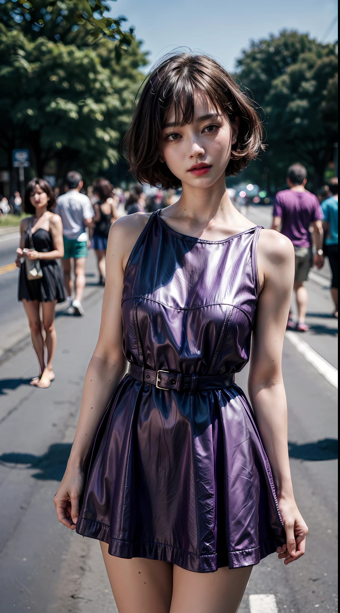 (1girl), MILF, solo, bob-short_hair, wearing(violet-minidress), photo(medium-shot), standing, (pov, blurry_background:1.5), background(morning, roadside, footpath, tree, crowd-of-people), natural-lighting, (photorealistic, absurdres, best_quality:1.55),