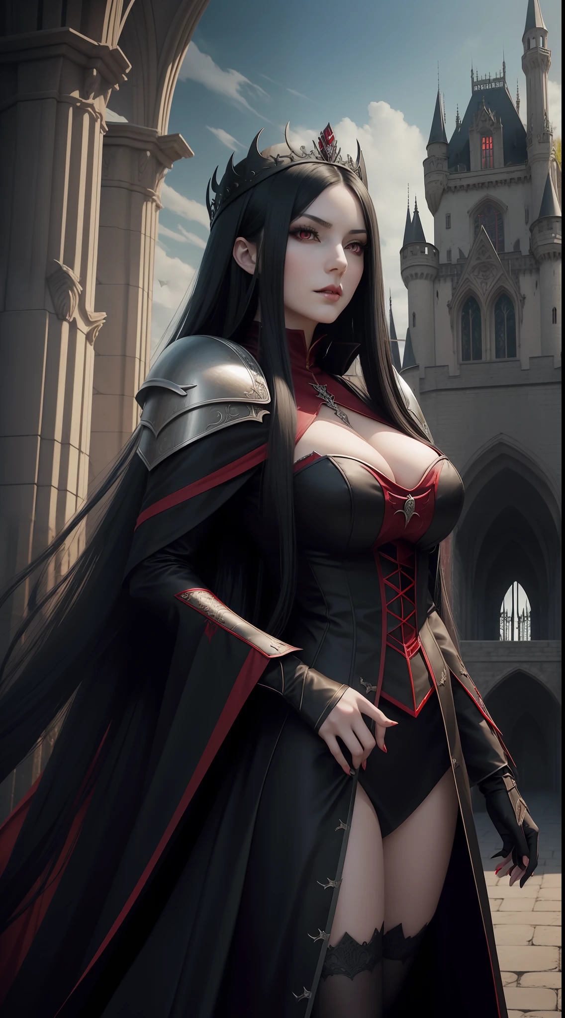 Beautiful ephemeral adult woman with long black hair and red eyes standing in front of the castle, Bewitching white armor, Standard Body, Gothic Otome Anime Woman, beautiful vampire queen, dark fantasy style art, beautiful vampire female queen, 8 K, Vampire Queen, female vampire, female vampire warrior, beautiful alluring anime woman, dark fantasy style, anime fantasy artwork