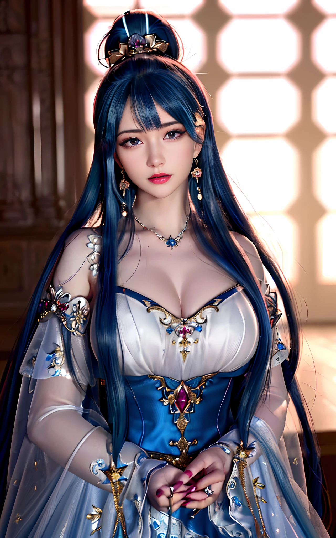 ((realisticity: 1.2)), ((realistic: 8K UHD)), ((best resolution: 8K UHD)), hyper detailed, best quality,masterpiece,highres,cg, ((1 girl hyper detailed and hyper realistic) ) , ((beautiful queen, hyper realistic and hyper detailed)),((white skin, beautiful, smooth, youthful, hyper realistic and hyper detailed )), ((Face hyper beautiful, white, hyper realistic and hyper detailed ) ), long hair, ((hyper realistic and hyper detailed dress)), solo, ((hyper realistic, hyper beautiful, beautiful and hyper detailed jewelry)), ((hyper beautiful deep red and golden yellow dress, hyper realistic and hyper detailed )) , ((Her pretty, hyper realistic, hyper detailed diamond filled earrings)), ((Her gorgeous diamond haircut, hyper realistic and hyper detailed)), ((hyper pretty upper body, hyper beautiful, hyper realistic and hyper detailed) ), ((medium breast: 1.5)), ((hyper realistic, hyper pretty, hyper detailed boobs)), ((the backgroun of the royal palace is hyper majestic, hyper realistic and hyper detailed)),((hands and palms hyper beautiful, hyper detailed, hyper realistic)), ((hyper pretty, hyper pretty, hyper realistic and hyper detailed hair bun)), ((hyper pretty , hyper realistic and hyper detailed blue hair)), candid, Photo, high resolution, 8k , bokeh,