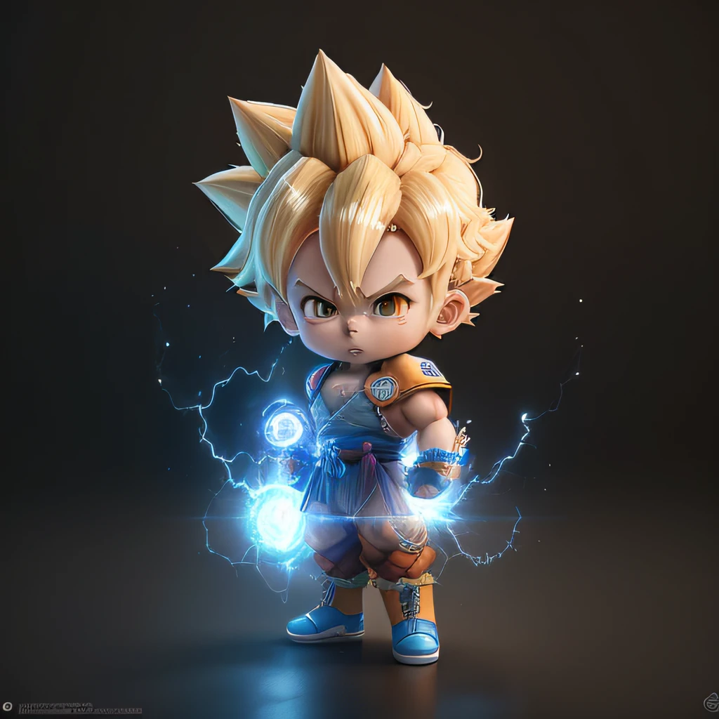 Goku, super saiyan, cabello exquisito, Representation of arms, cuerpo de cabello blanco y azul, zapatos exquisitos, Representation of eyes, cabello exquisito, aura de rayos amarilla electrica,caja ciega popmart, textura de arcilla, pisar la tierra, fondo blanco y negro, natural lighting, muy buena calidad, Super detail, arte 3D, c4d, renderizador OC, renderizado 3D, 8k