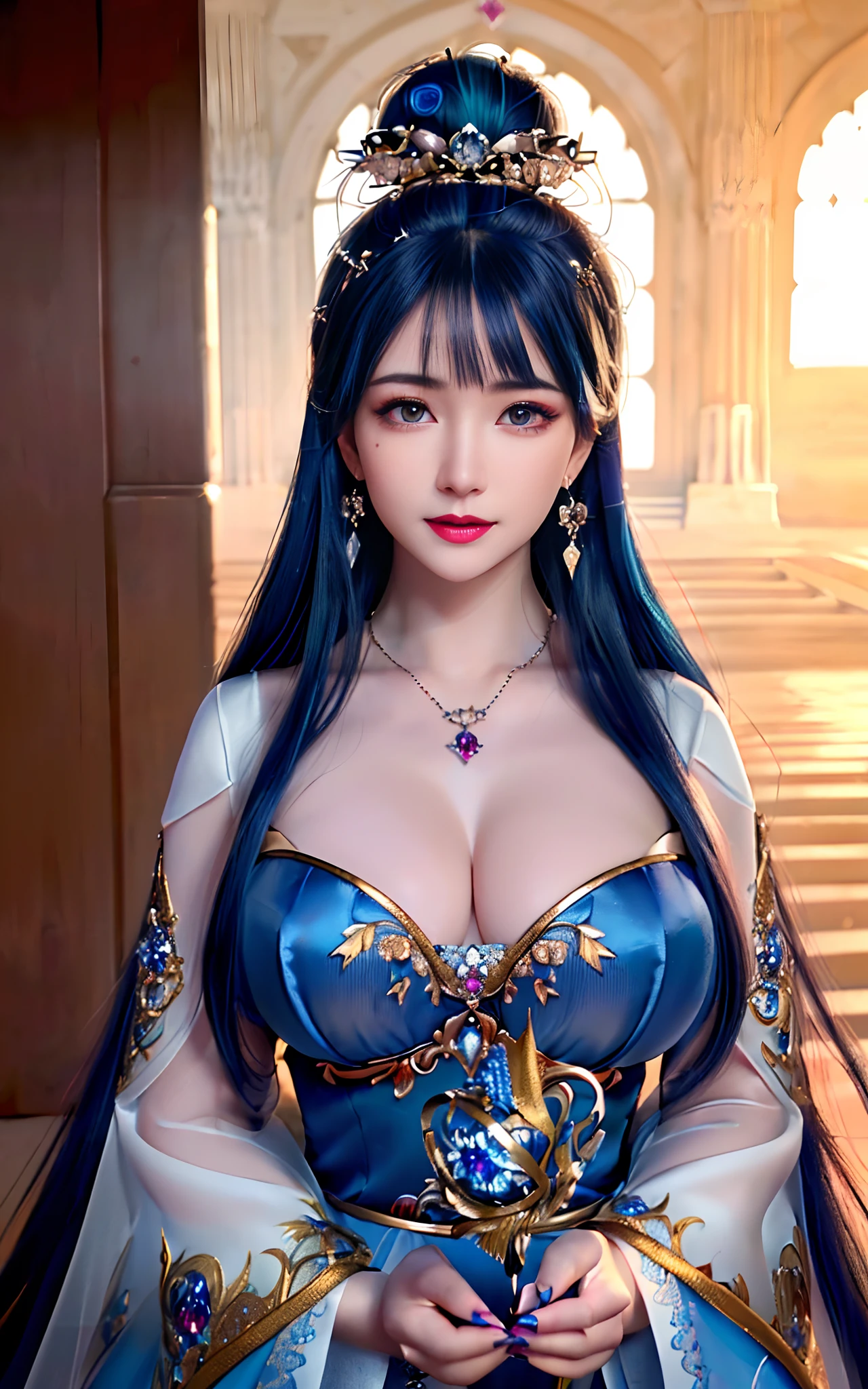 ((realisticity: 1.2)), ((realistic: 8K UHD)), ((best resolution: 8K UHD)), hyper detailed, best quality,masterpiece,highres,cg, ((1 girl hyper detailed and hyper realistic) ) , ((beautiful queen, hyper realistic and hyper detailed)),((white skin, beautiful, smooth, youthful, hyper realistic and hyper detailed )), ((Face hyper beautiful, white, hyper realistic and hyper detailed ) ), long hair, ((hyper realistic and hyper detailed dress)), solo, ((hyper realistic, hyper beautiful, beautiful and hyper detailed jewelry)), ((hyper beautiful deep red and golden yellow dress, hyper realistic and hyper detailed )) , ((Her pretty, hyper realistic, hyper detailed diamond filled earrings)), ((Her gorgeous diamond haircut, hyper realistic and hyper detailed)), ((hyper pretty upper body, hyper beautiful, hyper realistic and hyper detailed) ), ((medium breast: 1.5)), ((hyper realistic, hyper pretty, hyper detailed boobs)),   ((the backgroun of the royal palace is hyper majestic, hyper realistic and hyper detailed)),((hands and palms hyper beautiful, hyper detailed, hyper realistic)), ((hyper pretty, hyper pretty, hyper realistic and hyper detailed hair bun)), ((hyper pretty , hyper realistic and hyper detailed blue hair)), candid, Photo, high resolution, 8k , bokeh,