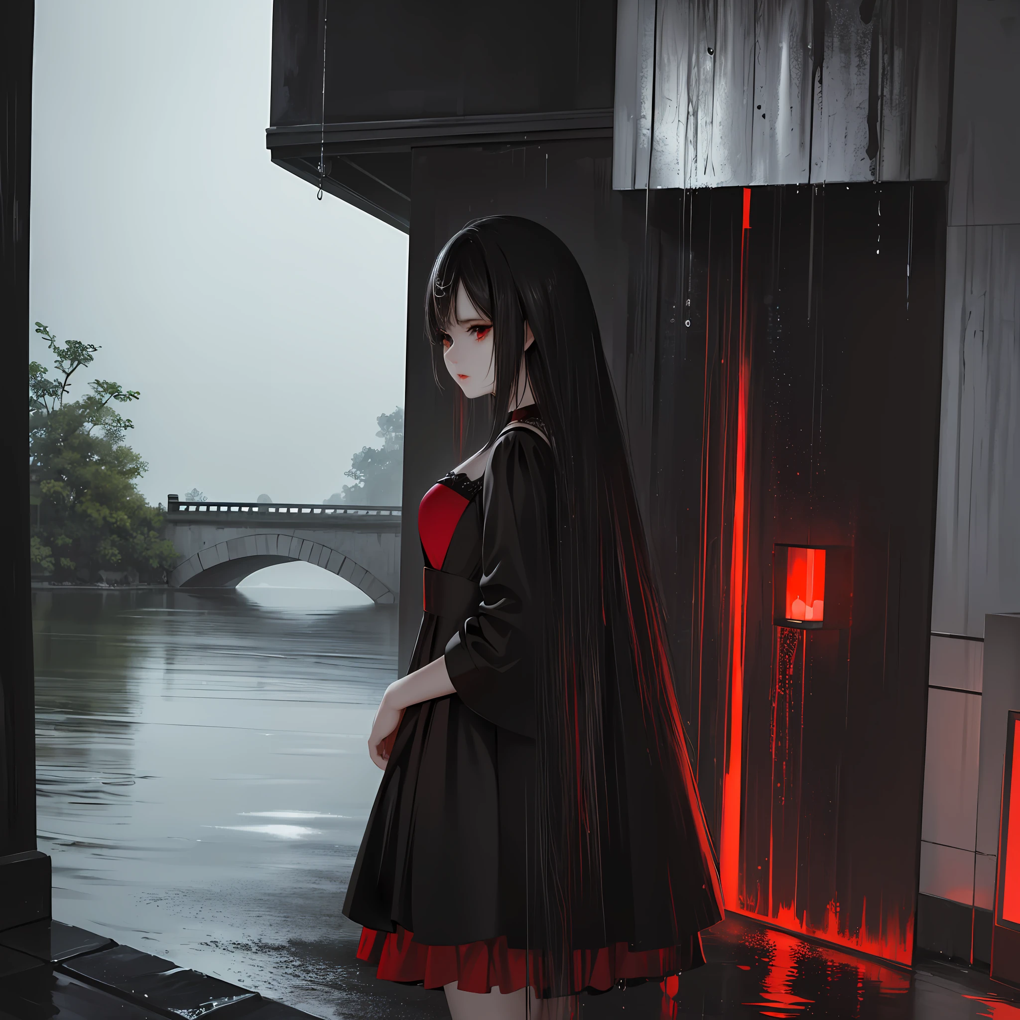 (absurdres, highres, ultra detailed),(Masterpiece, best quality:1.2),1girl,black and red dress,standing in a house,near the water fall,girl facing away from the viewer, raining outside, extremely detailed, absolutely stunning art, wallpaper 8k, octane render