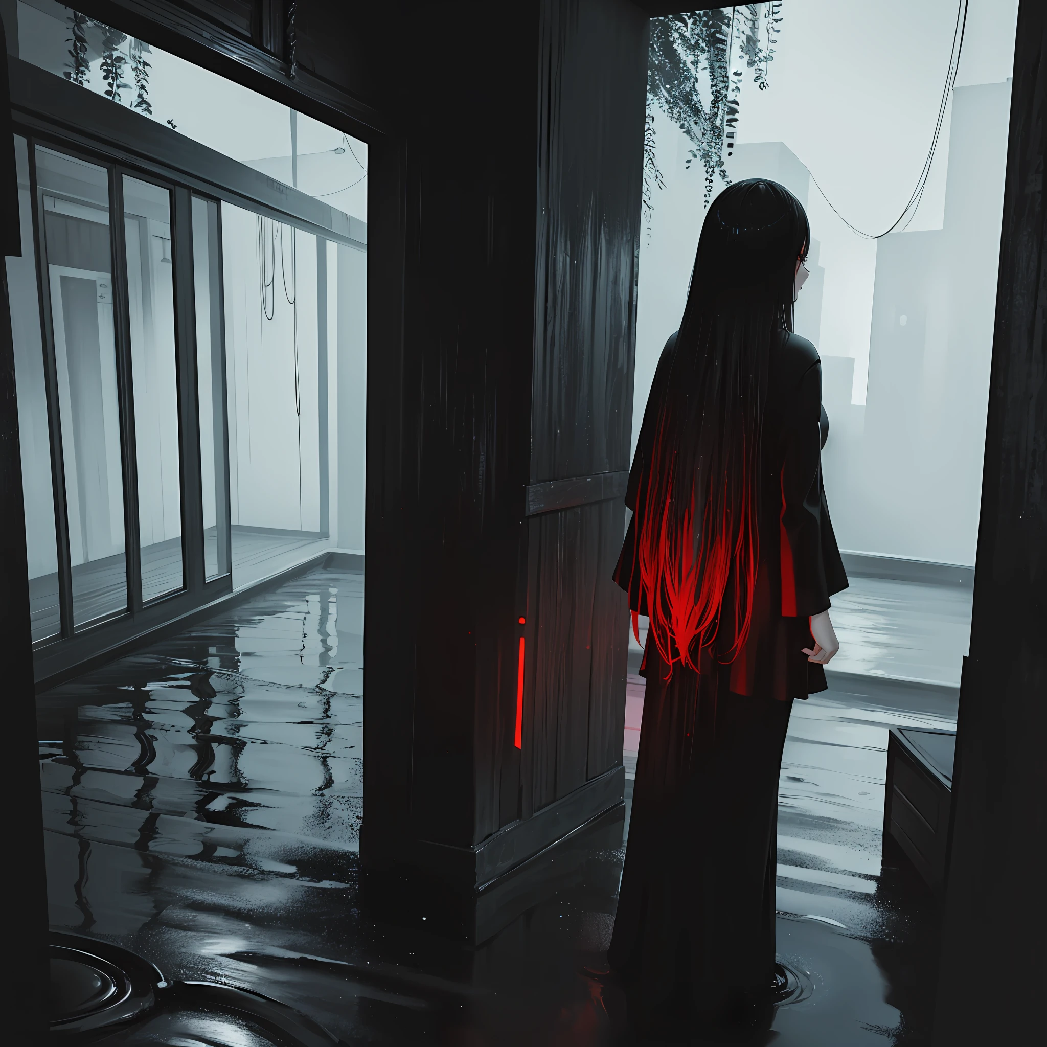 (absurdres, highres, ultra detailed),(Masterpiece, best quality:1.2),1girl,black and red dress,standing in a house,near the water fall,girl facing away from the viewer, raining outside, extremely detailed, absolutely stunning art, wallpaper 8k, octane render