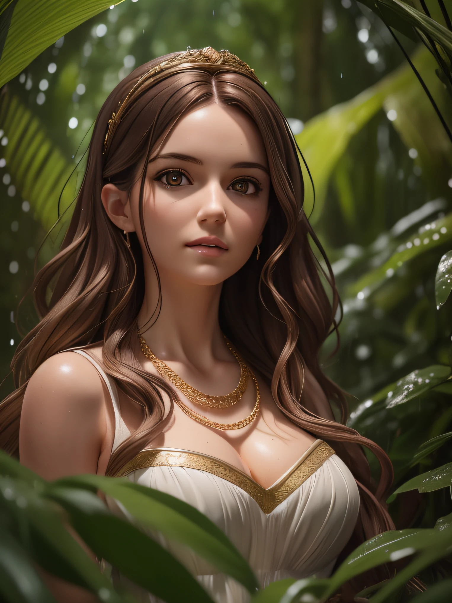 Full body photo of 25 year old European girl, RAW, beautiful woman, semi-parted strawberry lips, dimples, wistful gaze, (extra-long wavy brown hair), ((detailed face)), ((detailed facial features) )) , (finely detailed skin), pale skin, (high-tech princess dress with gold necklaces), rainy wet jungle setting, (cool colors), wet, wet, reflections, (masterpiece) (perfect proportion)(photo realistic)( best quality) (detailed) taken on a Canon EOS R5, 50mm lens, F/2.8, HDR, (8k) (wallpaper) (cinematic lighting) (dramatic lighting) (sharp focus) (complex) , RAW photo, RAW photo, in a jungle, in heavy rain, monochrome, vines everywhere, giant wet trees, masterpiece, best quality, high quality, extremely detailed unit CG, award winning photography, depth of field, HDR, bloom, chromatic aberration, photorealistic, extremely detailed, trending on artstation, trending on CGsociety, intricate, highly detailed, dramatic, in-between art, volumetric lighting