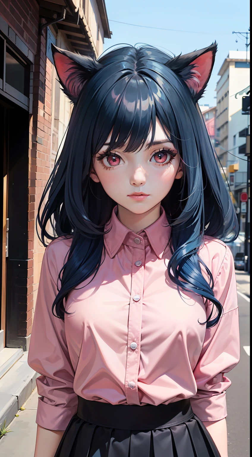 ((((Detailed face)))),(Best Definition), (master's work), (detailed eyes description), (8K wallpaper), (Summer plant room),cat girl,cat ear,(Blue hair:1.25), long hair,(Red Eyes:1.23),(ringed eyes:1.1),((tareme)),medium_eyes,(Bikini outfit), (1980s), (detailed facial description),((shy)),(Detailed face),half-closed eye,head down, (((Pink shirt))),(Black skirt),(black fishnet pantyhose:1.1), black garter belt,(black bow),thigh strap,
Standing, Full skirt,
In the street,
((((Detailed face)))),